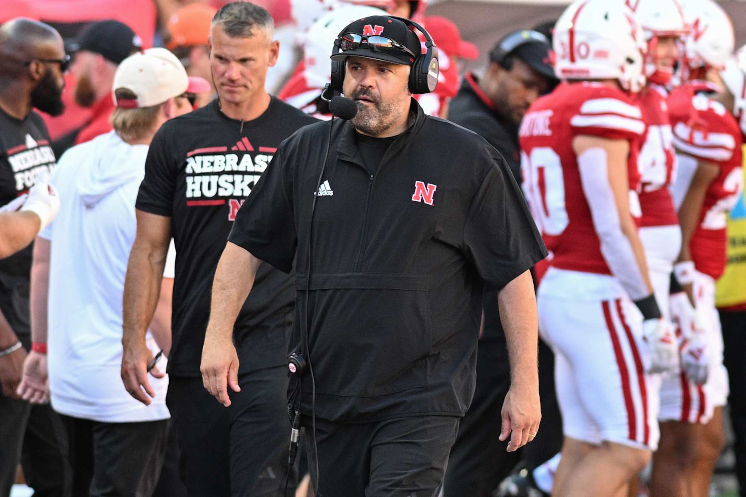 LINCOLN, NEBRASKA - AUGUST 31: Head coach Matt Rhule of the Nebraska Cornhuskers walks the sidelines against the UTEP Miners during the fourth quarter at Memorial Stadium on August 31, 2024 in Lincoln, Nebraska. (Photo by Steven Branscombe/Getty Images)