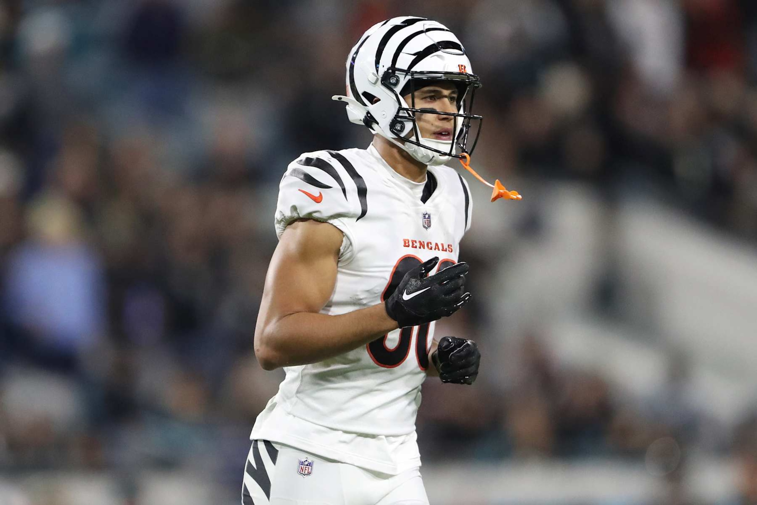 JACKSONVILLE, FLORIDA - DECEMBER 04: Andrei Iosivas #80 of the Cincinnati Bengals in action during the second half of a game against the Jacksonville Jaguars at EverBank Stadium on December 04, 2023 in Jacksonville, Florida. (Photo by Courtney Culbreath/Getty Images)