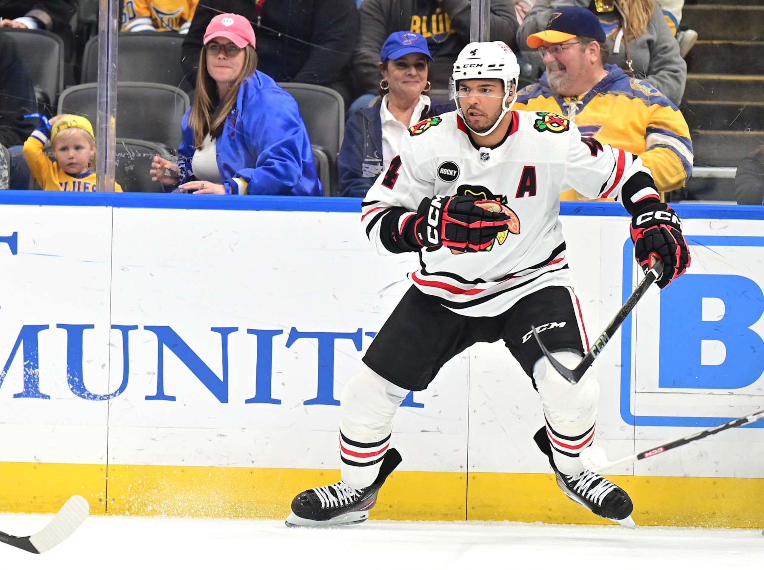 ST. LOUIS, MO - APRIL10: Chicago Blackhawks defenseman Seth jones (4) as seen during a NHL game on April 10, 2024, between the Chicago Blackhawks and the St. Louis Blues in Enterprise Center, St. Louis, MO. (Photo by Keith Gillett/Icon Sportswire via Getty Images) ST. LOUIS, MO - APRIL10: Chicago Blackhawks defenseman Seth jones (4) as seen during a NHL game on April 10, 2024, between the Chicago Blackhawks and the St. Louis Blues in Enterprise Center, St. Louis, MO. (Photo by Keith Gillett/Icon Sportswire via Getty Images)
