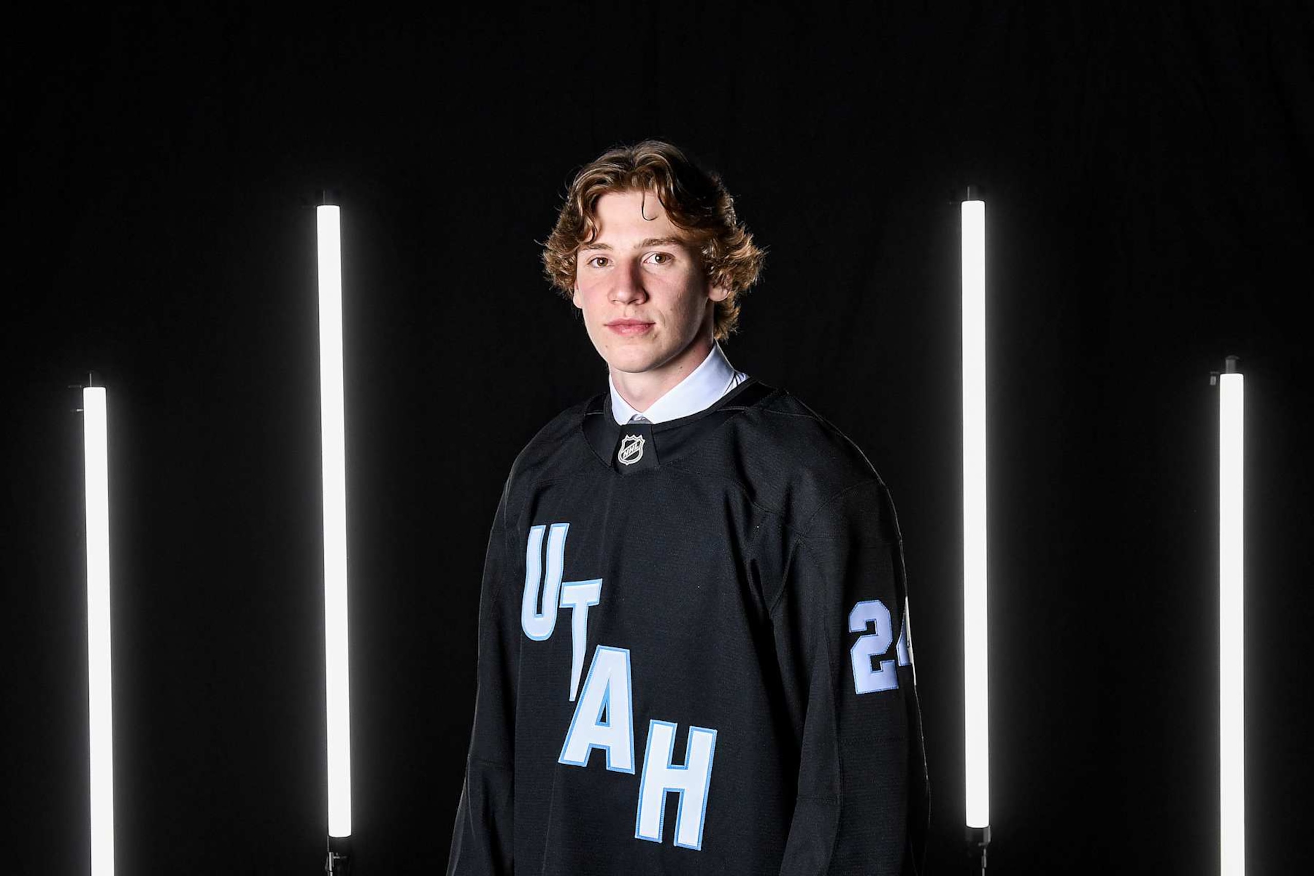 LAS VEGAS, NEVADA - JUNE 28: Cole Beaudoin poses for a portrait after being drafted by Utah Hockey Club with the 24th overall pick during the 2024 Upper Deck NHL Draft at Sphere on June 28, 2024 in Las Vegas, Nevada. (Photo by Candice Ward/Getty Images)