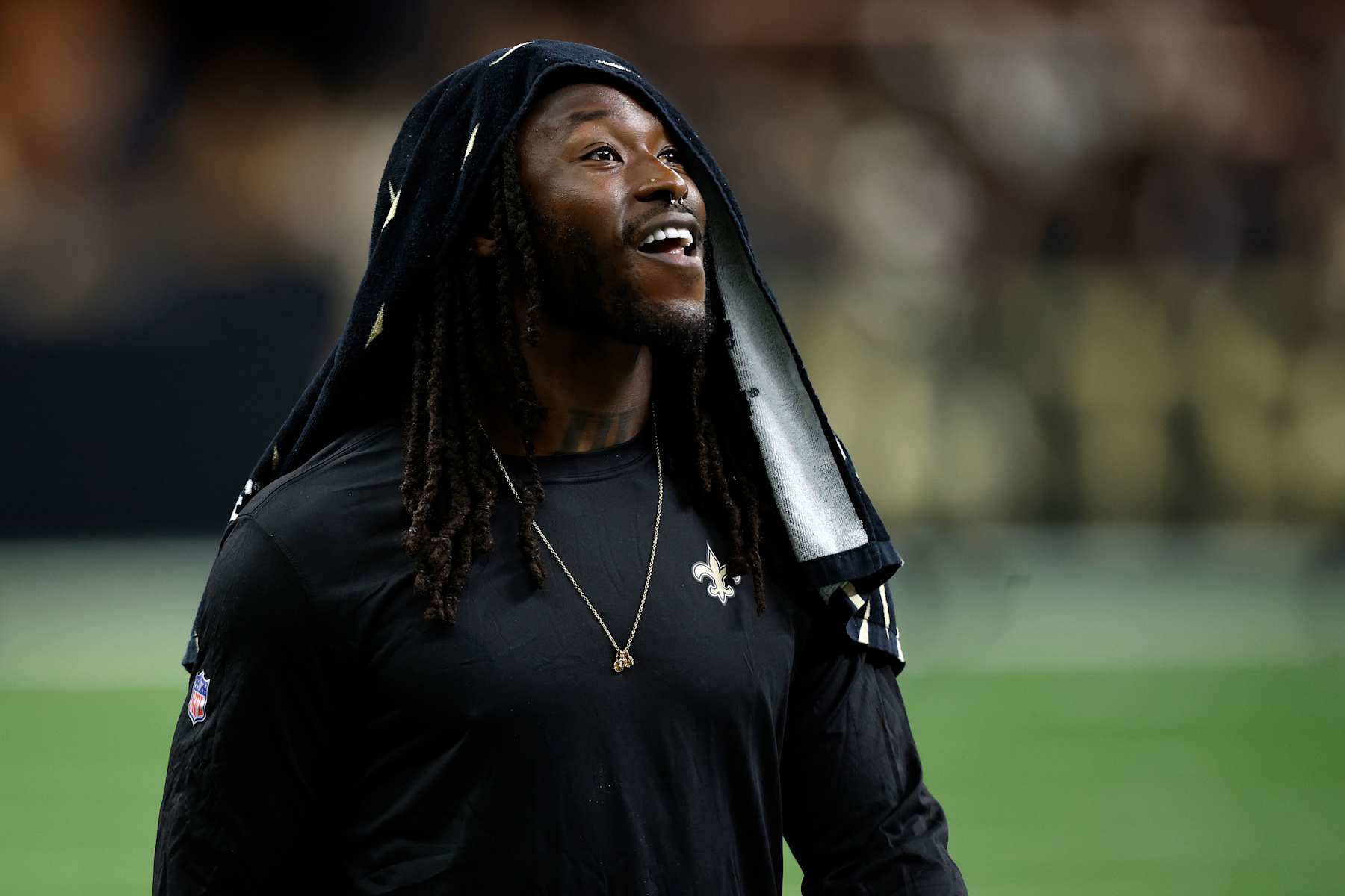 NEW ORLEANS, LOUISIANA - AUGUST 25: Alvin Kamara #41 of the New Orleans Saints looks on during the game against the Tennessee Titans  at Mercedes Benz Superdome on August 25, 2024 in New Orleans, Louisiana. (Photo by Chris Graythen/Getty Images)
