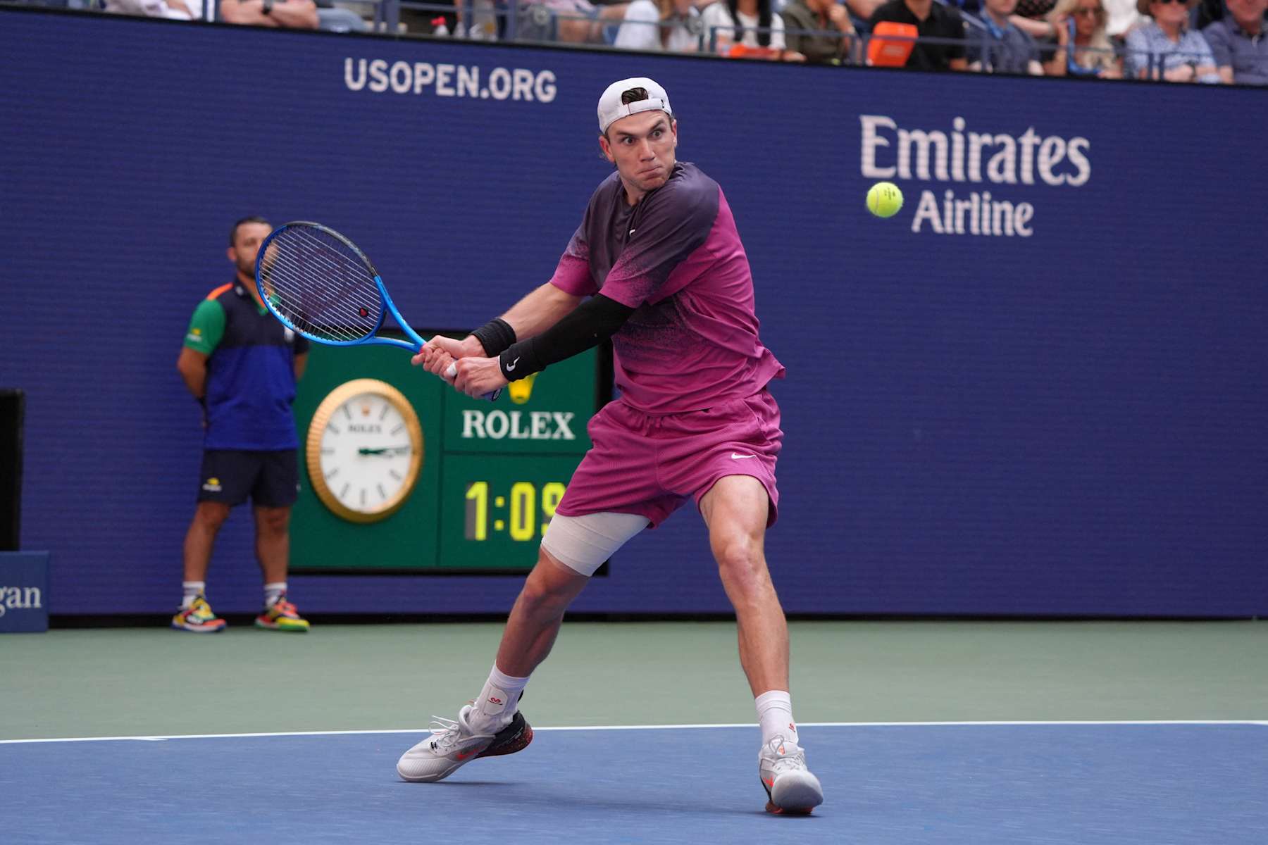 Britain's Jack Draper plays a return to Australia's Alex de Minaur during their men's quarterfinals match on day ten of the US Open tennis tournament at the USTA Billie Jean King National Tennis Center in New York City, on September 4, 2024. (Photo by TIMOTHY A. CLARY / AFP) (Photo by TIMOTHY A. CLARY/AFP via Getty Images)