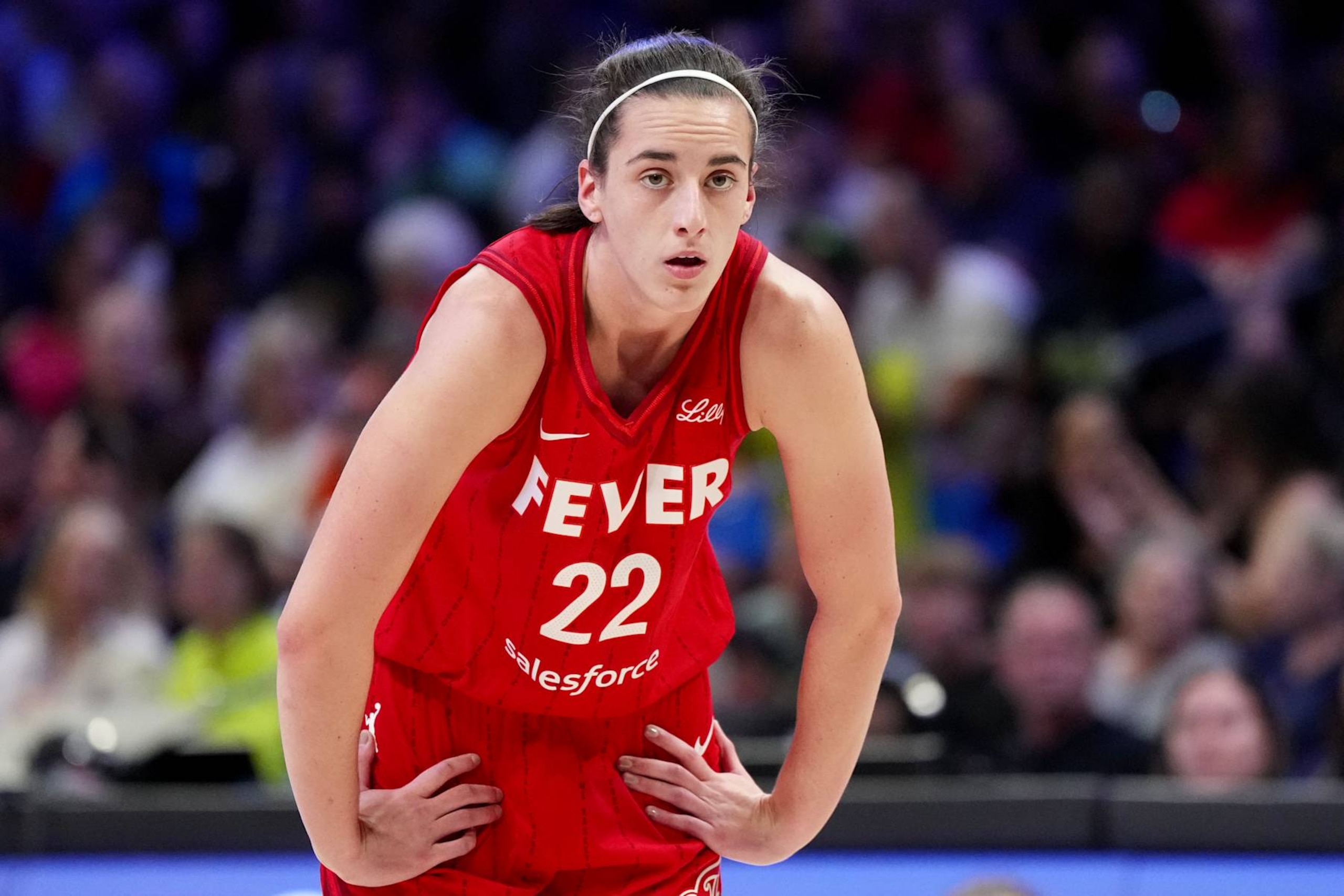 ARLINGTON, TEXAS - SEPTEMBER 01: Caitlin Clark #22 of the Indiana Fever looks on in the first half against the Dallas Wings at College Park Center on September 01, 2024 in Arlington, Texas. NOTE TO USER: User expressly acknowledges and agrees that, by downloading and or using this photograph, User is consenting to the terms and conditions of the Getty Images License Agreement. (Photo by Sam Hodde/Getty Images) ARLINGTON, TEXAS - SEPTEMBER 01: Caitlin Clark #22 of the Indiana Fever looks on in the first half against the Dallas Wings at College Park Center on September 01, 2024 in Arlington, Texas. NOTE TO USER: User expressly acknowledges and agrees that, by downloading and or using this photograph, User is consenting to the terms and conditions of the Getty Images License Agreement. (Photo by Sam Hodde/Getty Images)