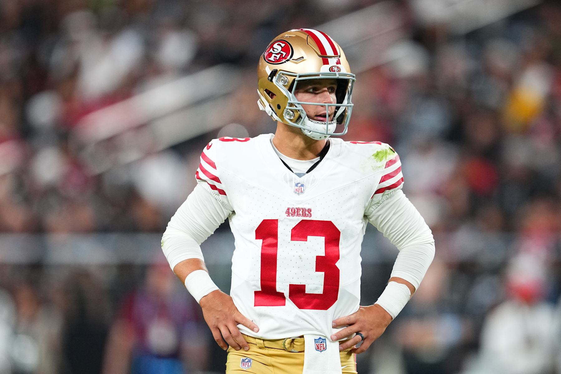 LAS VEGAS, NEVADA - AUGUST 23: Quarterback Brock Purdy #13 of the San Francisco 49ers looks on after a play during the first half of a preseason game against the Las Vegas Raiders at Allegiant Stadium on August 23, 2024 in Las Vegas, Nevada. (Photo by Chris Unger/Getty Images)