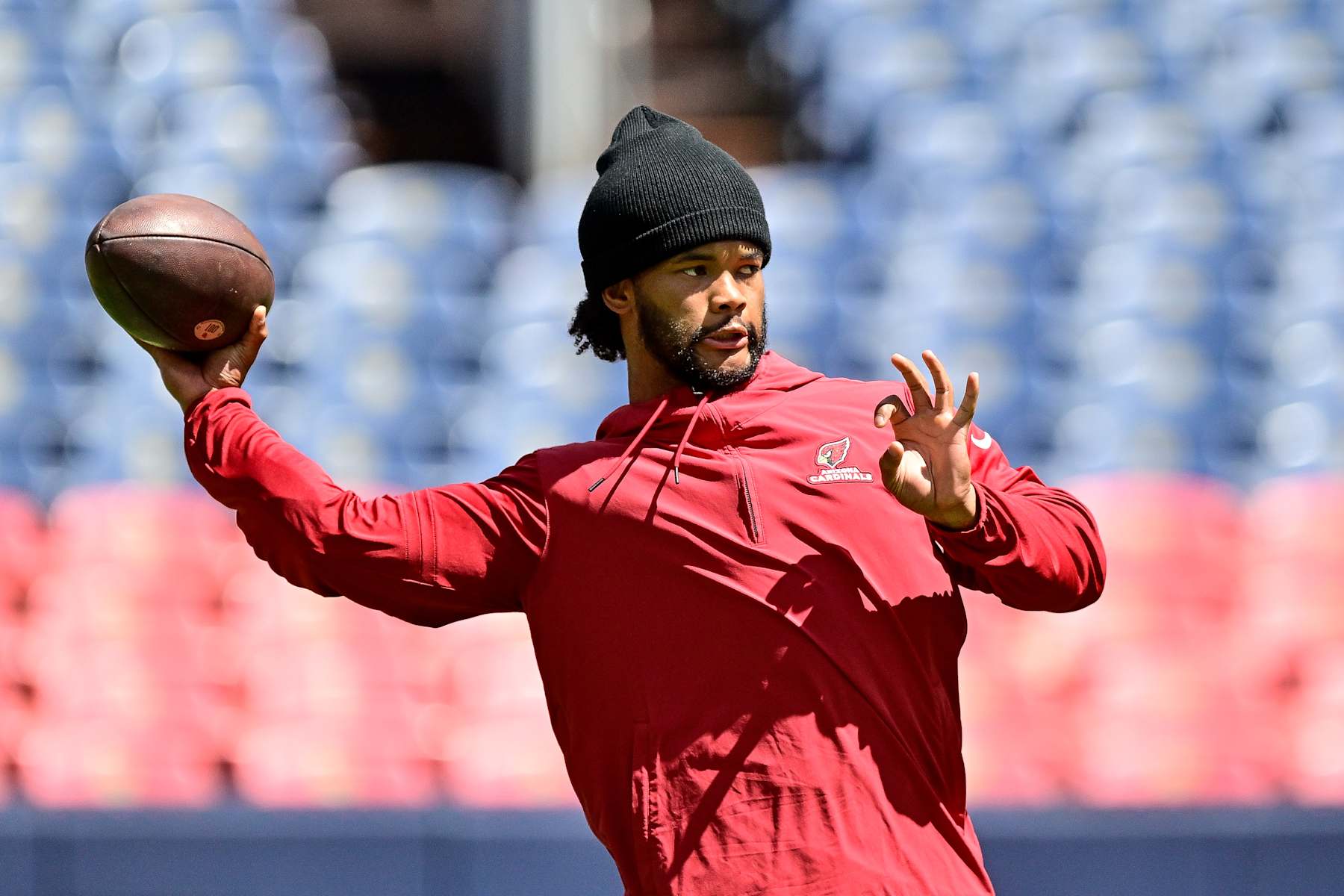 DENVER, COLORADO - AUGUST 25:  Kyler Murray #1 of the Arizona Cardinals warms up before the preseason game against the Denver Broncos at Empower Field at Mile High on August 25, 2024 in Denver, Colorado. (Photo by Dustin Bradford/Getty Images)