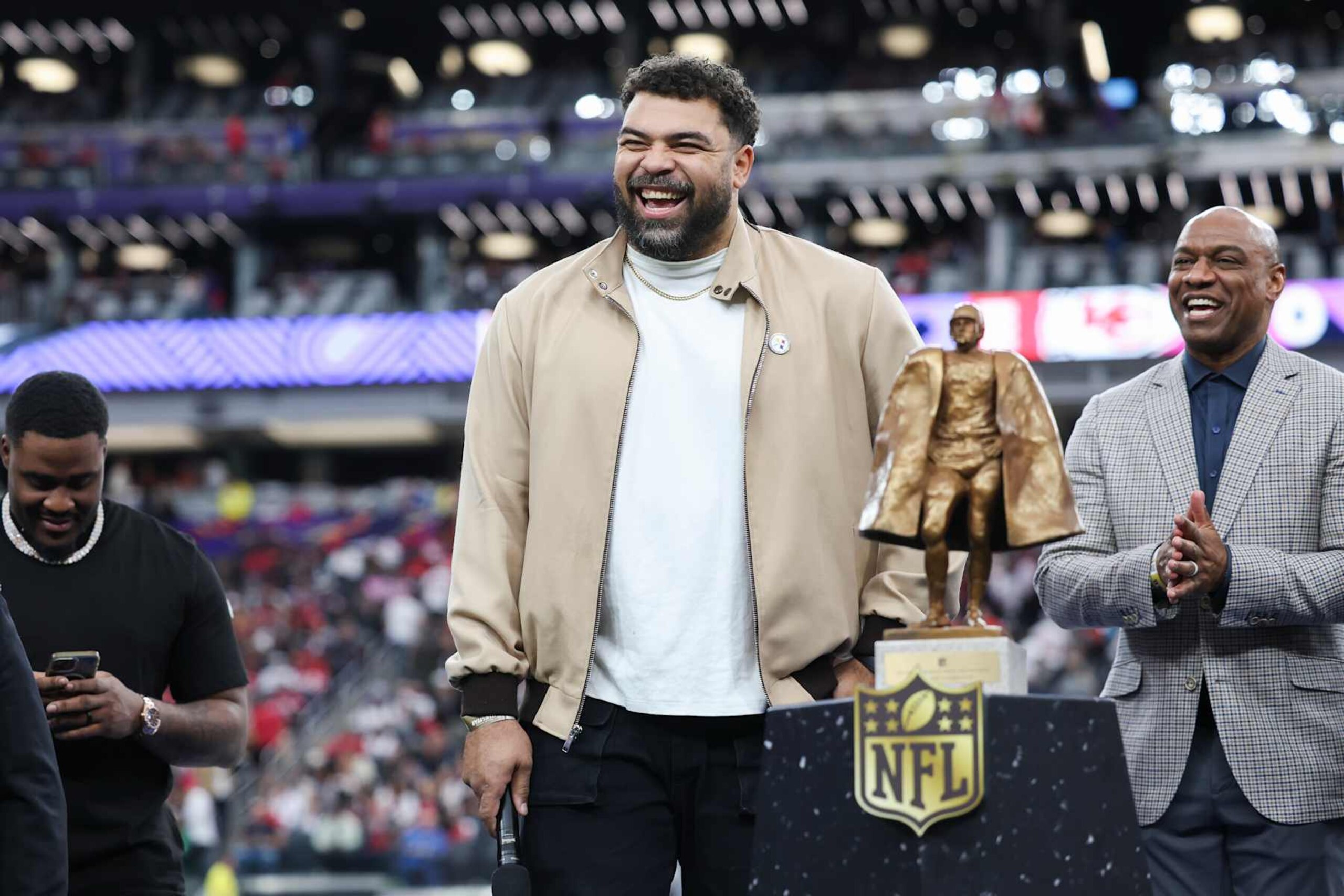LAS VEGAS, NV - FEBRUARY 11: Cameron Heyward of the Pittsburgh Steelers speaks prior to Super Bowl LVIII between the Kansas City Chiefs and the San Francisco 49ers at Allegiant Stadium on February 11, 2024 in Las Vegas, NV. (Photo by Perry Knotts/Getty Images)
