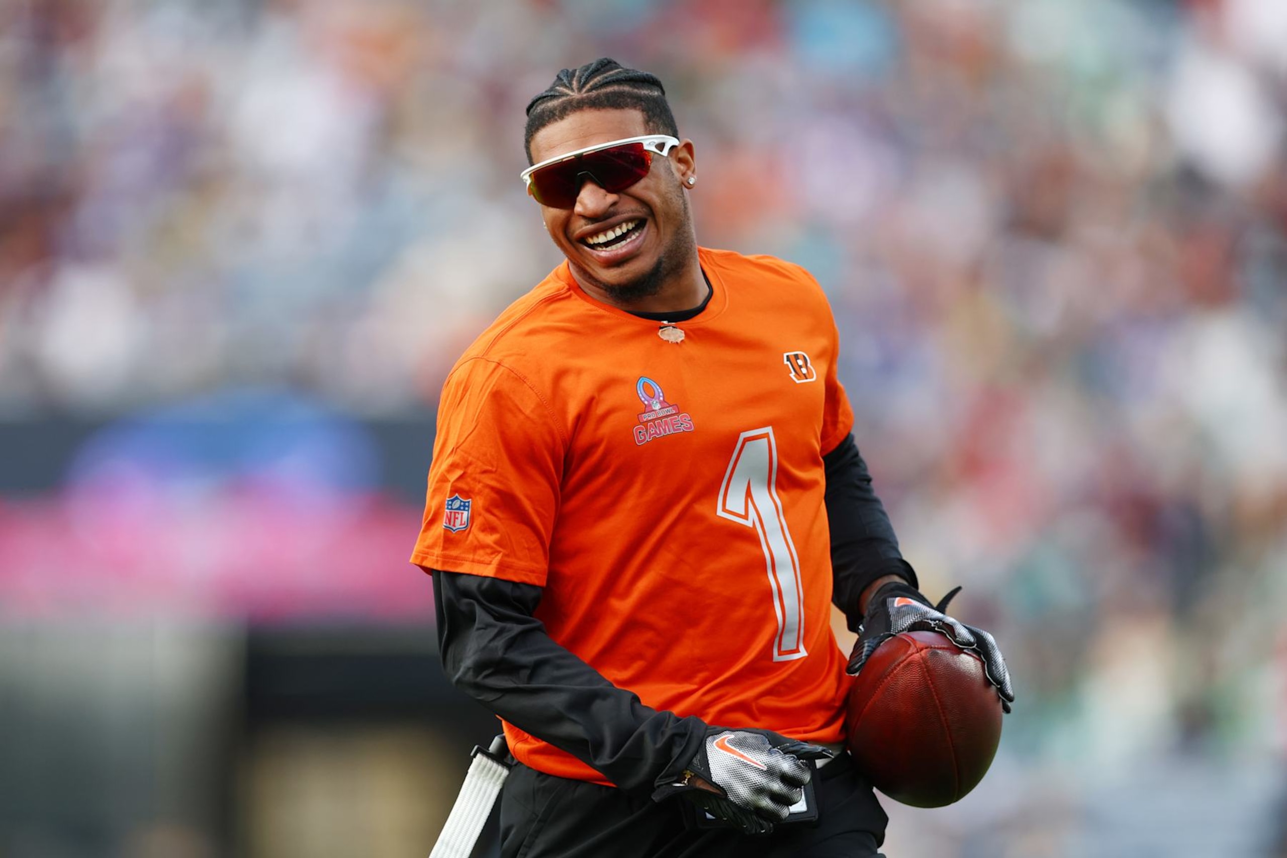 ORLANDO, FLORIDA - FEBRUARY 04: Ja’Marr Chase #1 of the Cincinnati Bengals and AFC reacts during the 2024 NFL Pro Bowl Games at Camping World Stadium on February 04, 2024 in Orlando, Florida. (Photo by Megan Briggs/Getty Images) ORLANDO, FLORIDA - FEBRUARY 04: Ja’Marr Chase #1 of the Cincinnati Bengals and AFC reacts during the 2024 NFL Pro Bowl Games at Camping World Stadium on February 04, 2024 in Orlando, Florida. (Photo by Megan Briggs/Getty Images)