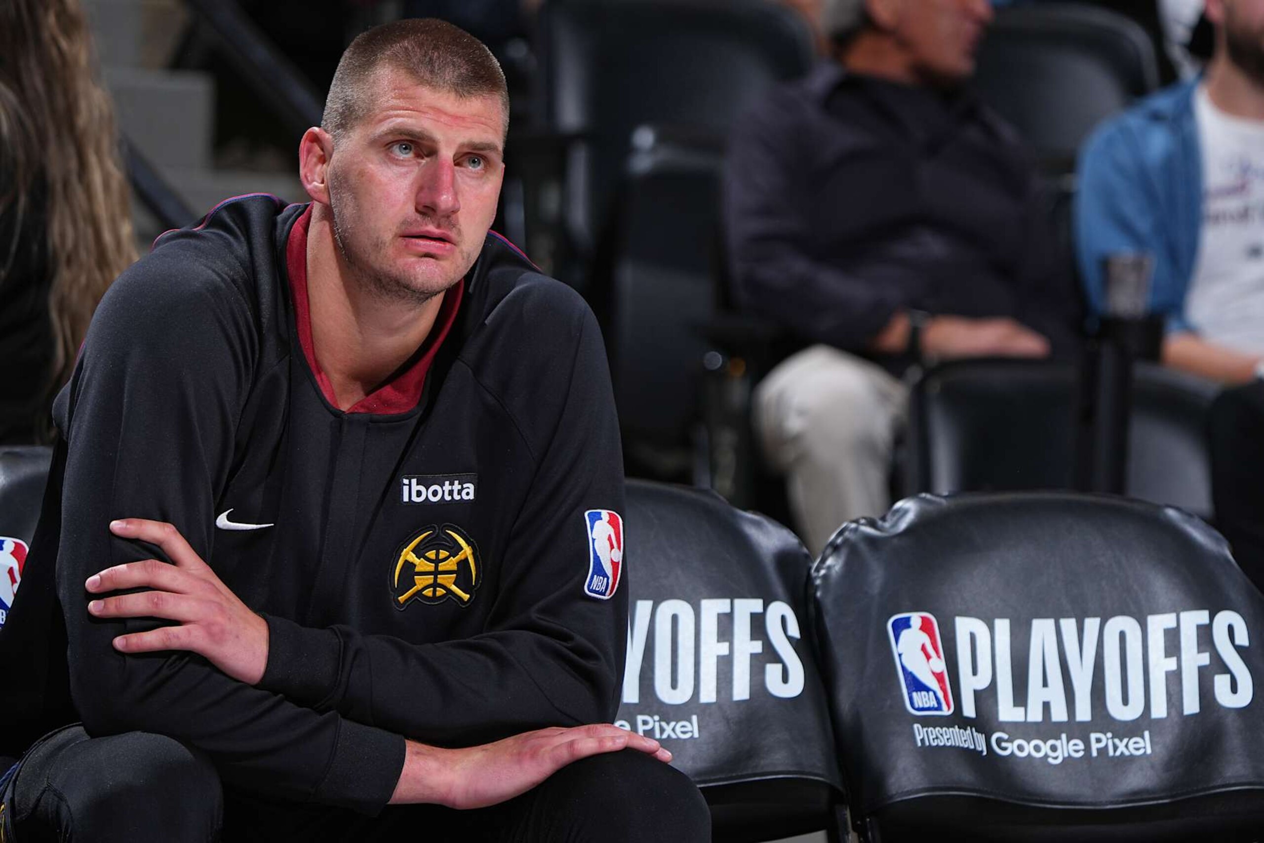 DENVER, CO - MAY 19: Nikola Jokic #15 of the Denver Nuggets looks on during the game against the Minnesota Timberwolves during Round 2 Game 7 of the 2024 NBA Playoffs  on May 19, 2024 at the Ball Arena in Denver, Colorado. NOTE TO USER: User expressly acknowledges and agrees that, by downloading and/or using this Photograph, user is consenting to the terms and conditions of the Getty Images License Agreement. Mandatory Copyright Notice: Copyright 2024 NBAE (Photo by Garrett Ellwood/NBAE via Getty Images)