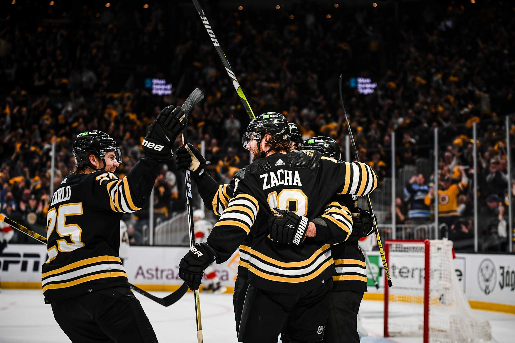 BOSTON, MASSACHUSETTS - MAY 17: Pavel Zacha #18 of the Boston Bruins celebrates his first period goal with teammates  against the Florida Panthers in Game Six of the Second Round of the 2024 Stanley Cup Playoffs at TD Garden on May 17, 2024 in Boston, Massachusetts. (Photo by China Wong/NHLI via Getty Images)