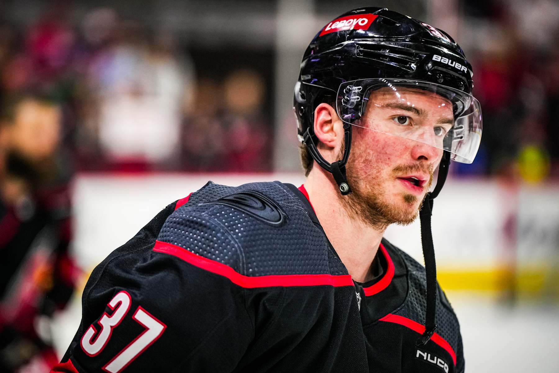 RALEIGH, NORTH CAROLINA - MAY 09: Andrei Svechnikov #37 of the Carolina Hurricanes warms up prior to facing the New York Rangers in Game Three of the Second Round of the 2024 Stanley Cup Playoffs at PNC Arena on May 09, 2024 in Raleigh, North Carolina.  (Photo by Josh Lavallee/NHLI via Getty Images)