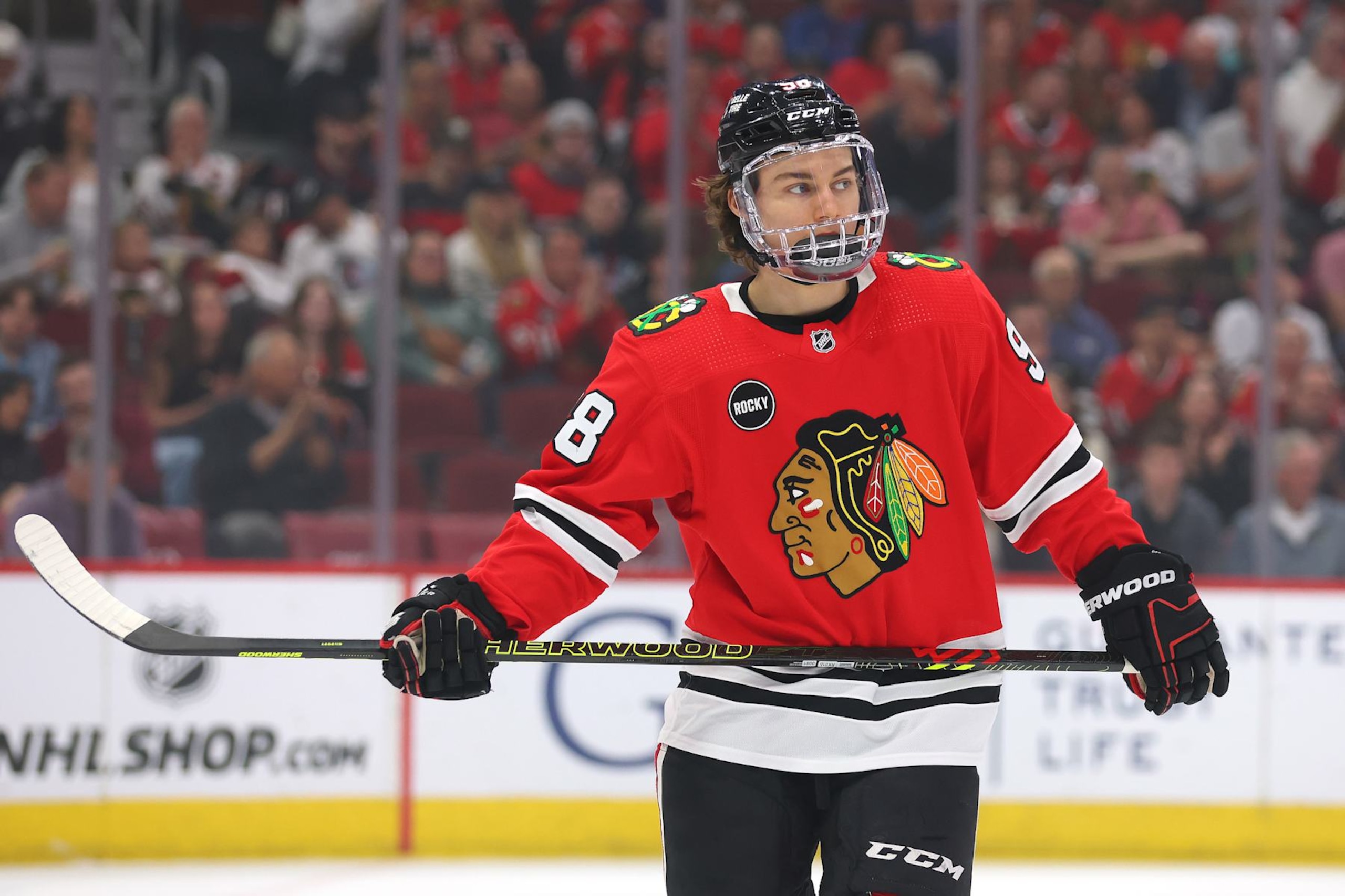 CHICAGO, ILLINOIS - APRIL 14: Connor Bedard #98 of the Chicago Blackhawks looks on against the Carolina Hurricanes during the first period at the United Center on April 14, 2024 in Chicago, Illinois. (Photo by Michael Reaves/Getty Images)