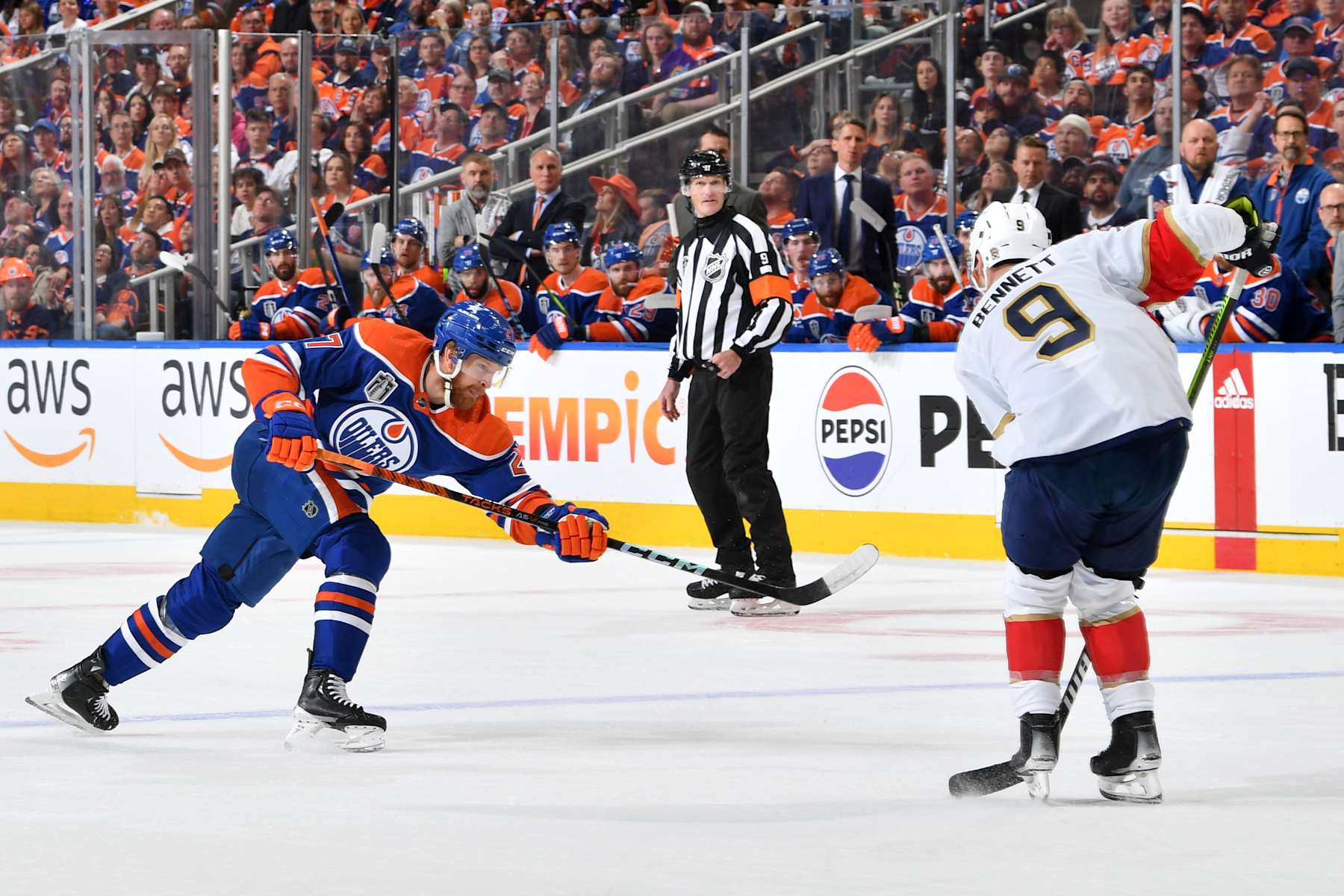 EDMONTON, CANADA - JUNE 13: Brett Kulak #27 of the Edmonton Oilers takes a shot on net against the Florida Panthers in Game Three of the 2024 Stanley Cup Final at Rogers Place on June 13, 2024, in Edmonton, Alberta, Canada. (Photo by Andy Devlin/NHLI via Getty Images)