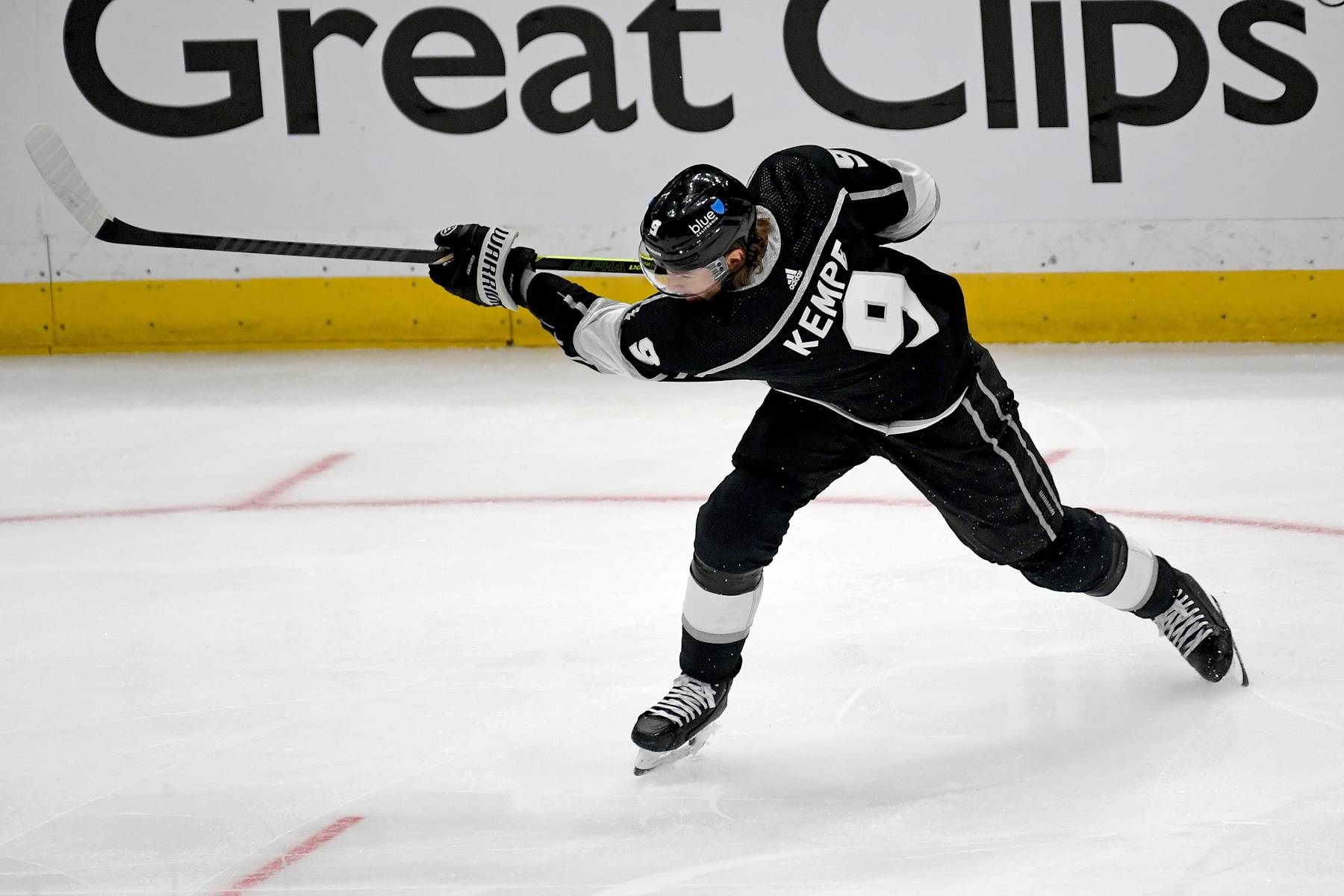 LOS ANGELES, CA - APRIL 26: Los Angeles Kings Right Wing Adrian Kempe (9) takes a shot on net during game three of the Western Conference First Round between the Edmonton Oilers and the Los Angeles Kings on April 26, 2024 at the Crypto.com Arena in Los Angeles, CA.  (Photo by Rob Curtis/Icon Sportswire via Getty Images)
