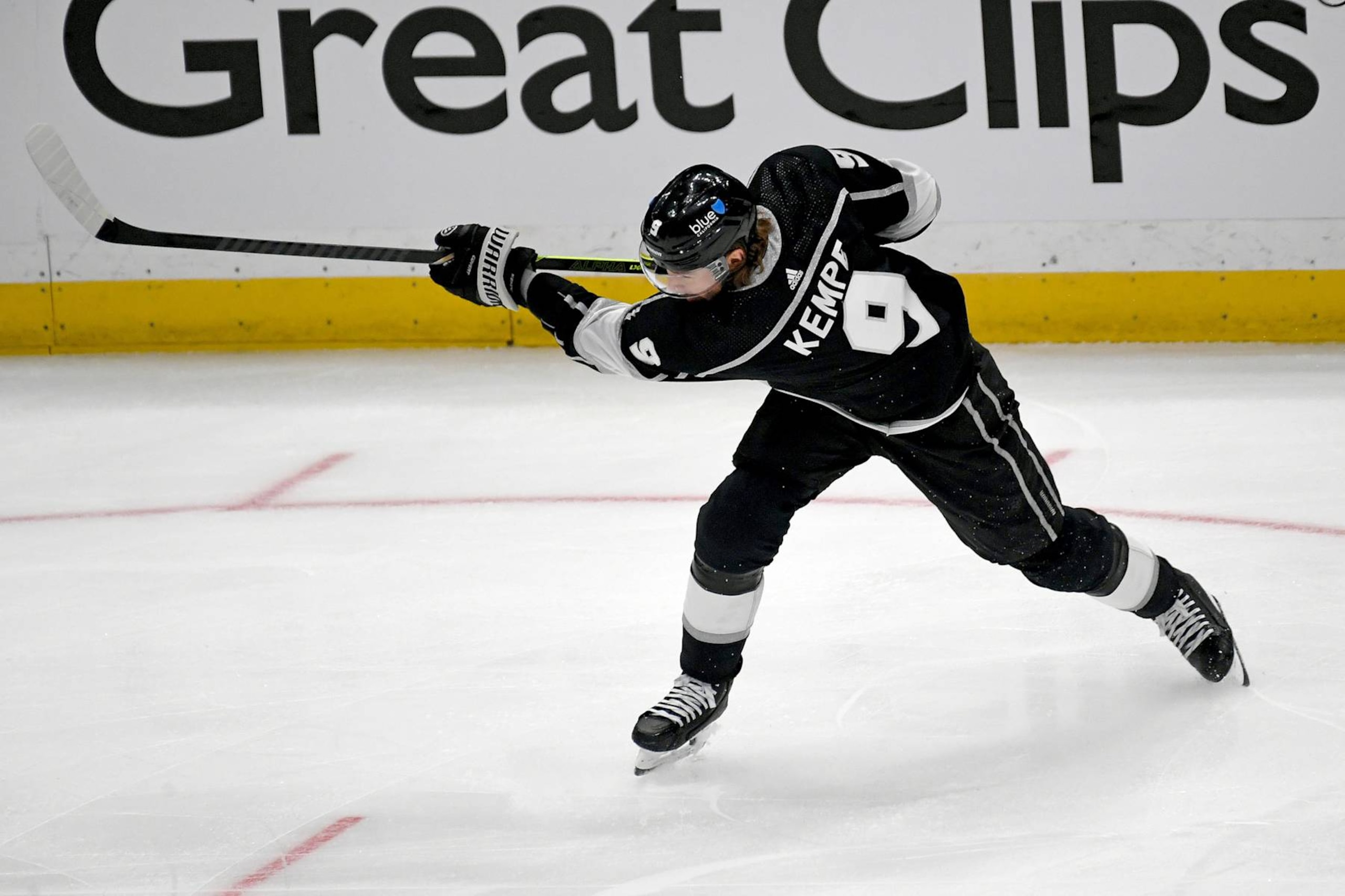 LOS ANGELES, CA - APRIL 26: Los Angeles Kings Right Wing Adrian Kempe (9) takes a shot on net during game three of the Western Conference First Round between the Edmonton Oilers and the Los Angeles Kings on April 26, 2024 at the Crypto.com Arena in Los Angeles, CA.  (Photo by Rob Curtis/Icon Sportswire via Getty Images)