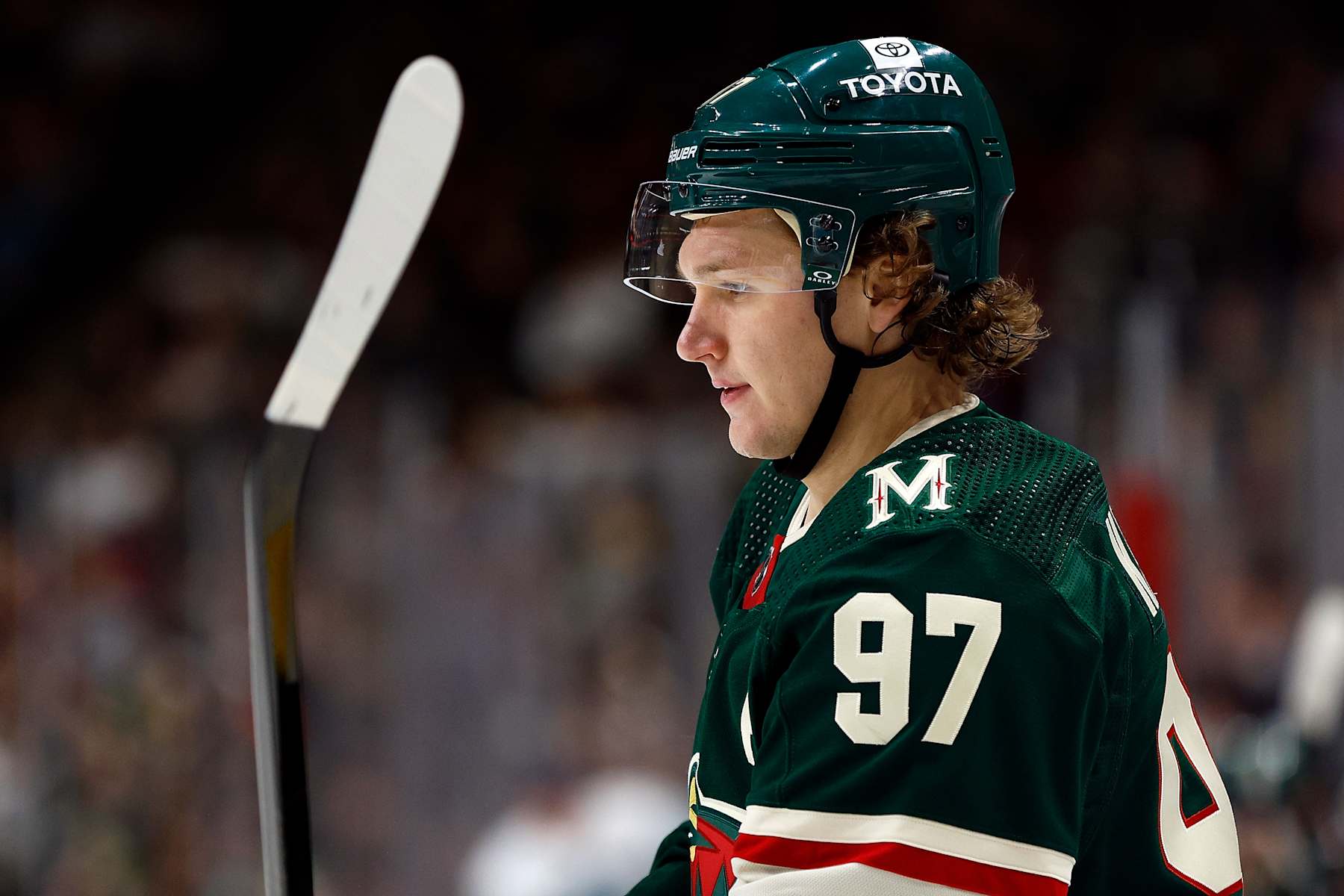 ST PAUL, MINNESOTA - APRIL 18: Kirill Kaprizov #97 of the Minnesota Wild looks on against the Seattle Kraken in the second period at Xcel Energy Center on April 18, 2024 in St Paul, Minnesota. The Kraken defeated the Wild 4-3. (Photo by David Berding/Getty Images)