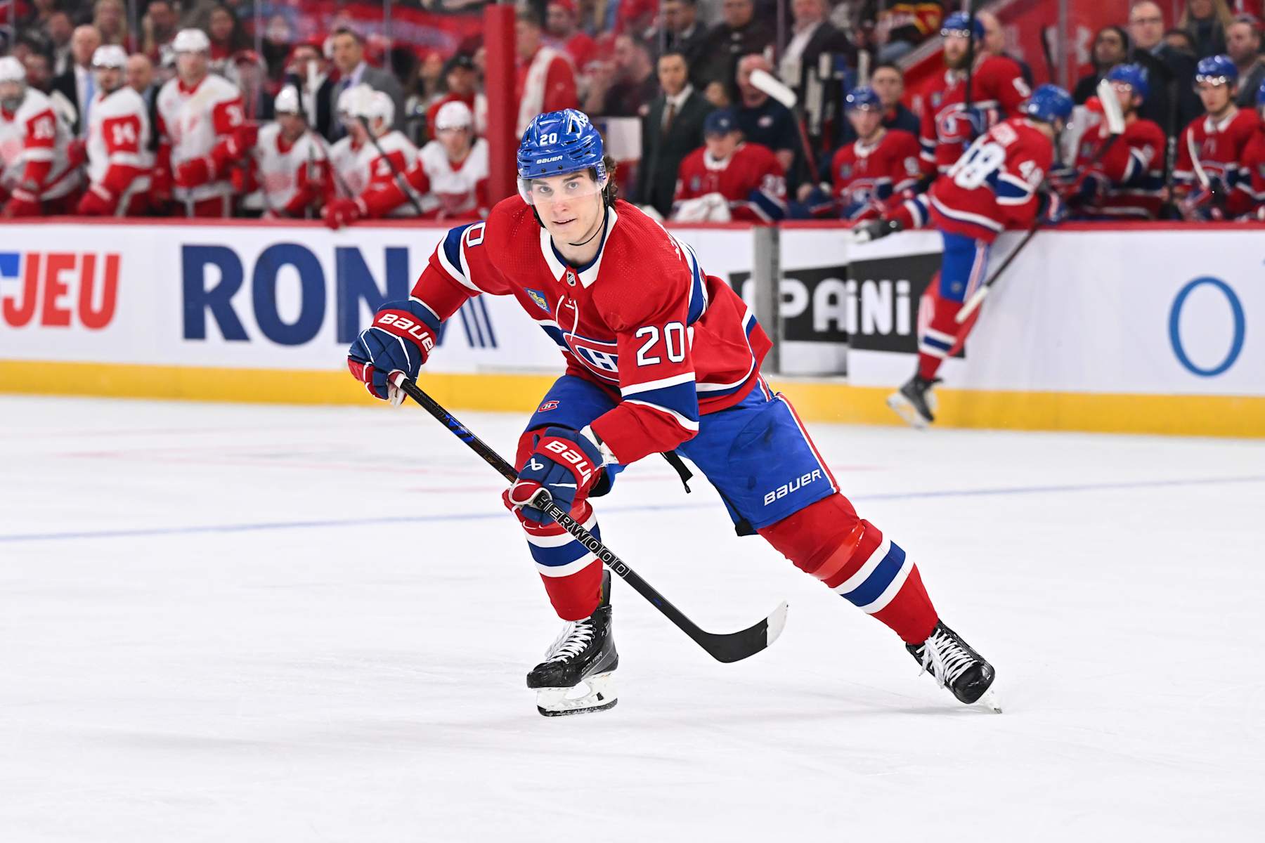 MONTREAL, CANADA - APRIL 16:  Juraj Slafkovsky #20 of the Montreal Canadiens skates during the second period against the Detroit Red Wings at the Bell Centre on April 16, 2024 in Montreal, Quebec, Canada.  The Detroit Red Wings defeated the Montreal Canadiens 5-4 in a shootout.  (Photo by Minas Panagiotakis/Getty Images)