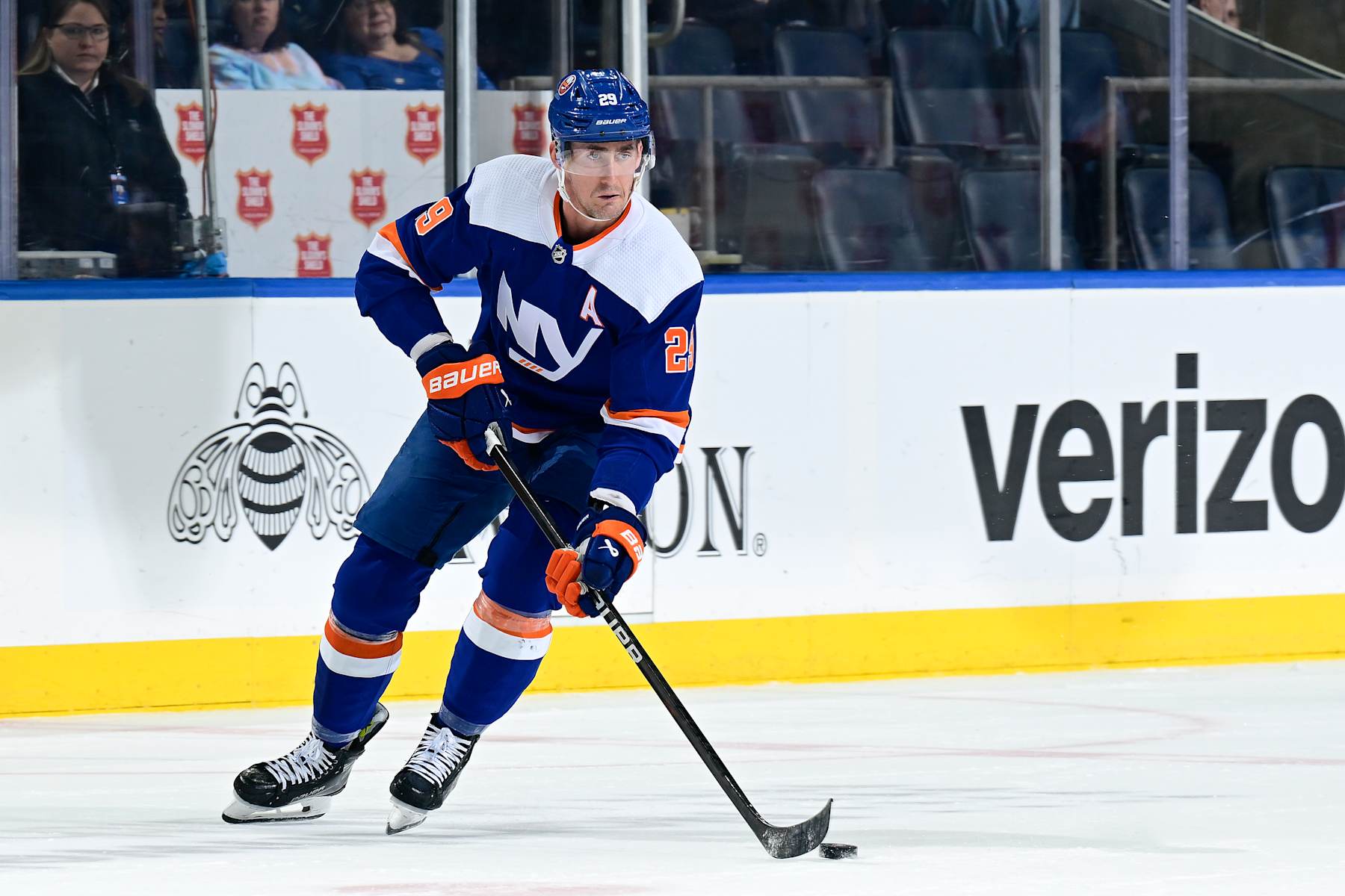 ELMONT, NEW YORK - MARCH 05:  Brock Nelson #29 of the New York Islanders skates with the puck against the St. Louis Blues during the game at UBS Arena on March 05, 2024 in Elmont, New York. (Photo by Steven Ryan/NHLI via Getty Images)