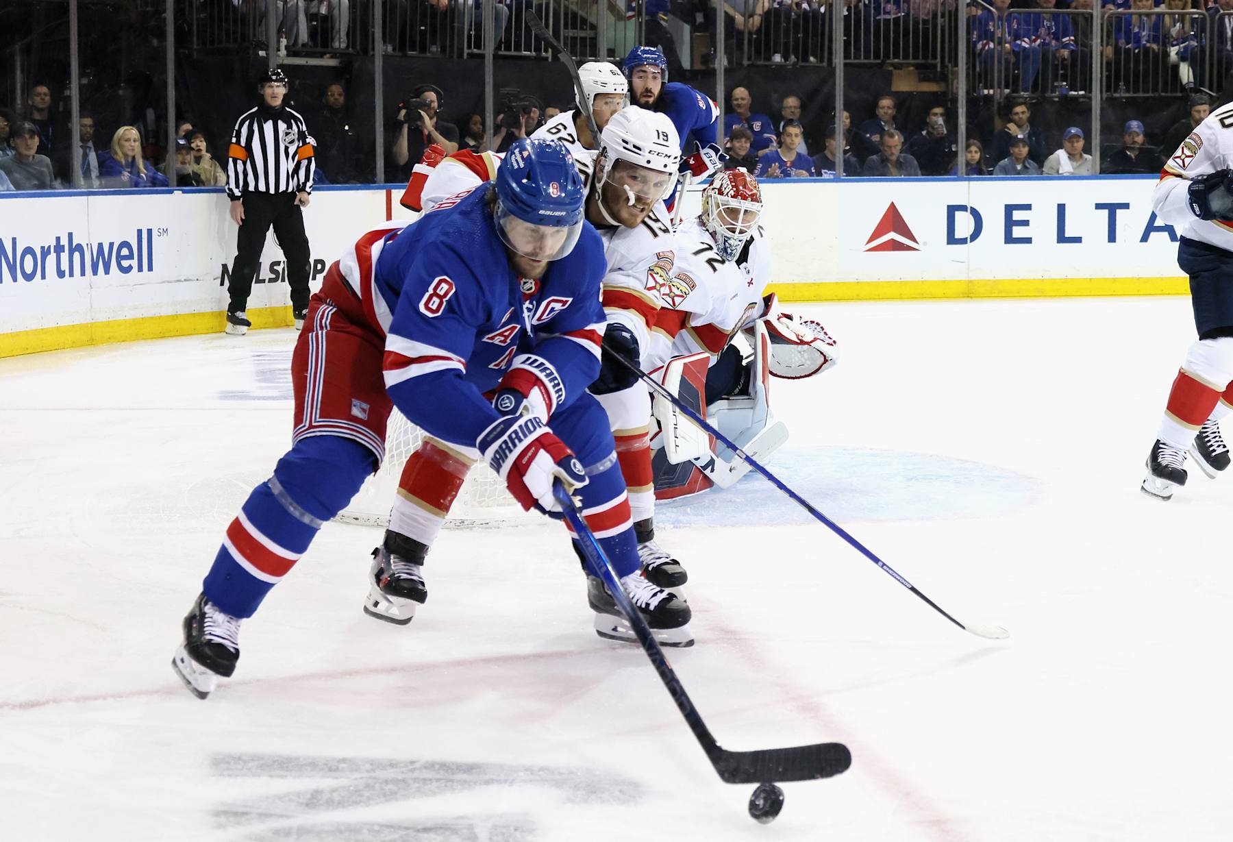 NEW YORK, NEW YORK - MAY 22: Matthew Tkachuk #19 of the Florida Panthers defends against Jacob Trouba #8 of the New York Rangers in Game One of the Eastern Conference Final of the 2024 Stanley Cup Playoffs at Madison Square Garden on May 22, 2024 in New York City. (Photo by Bruce Bennett/Getty Images)