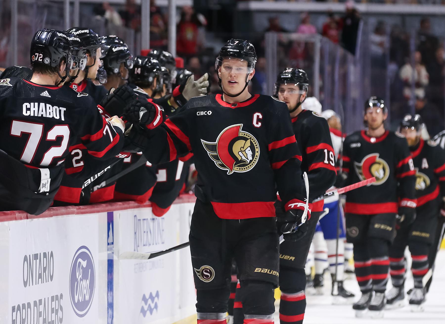 OTTAWA, CANADA - APRIL 13: Brady Tkachuk #7 of the Ottawa Senators celebrates his first period goal against the Montreal Canadiens at Canadian Tire Centre on April 13, 2024 in Ottawa, Ontario, Canada. (Photo by Chris Tanouye/Freestyle Photography/Getty Images)
