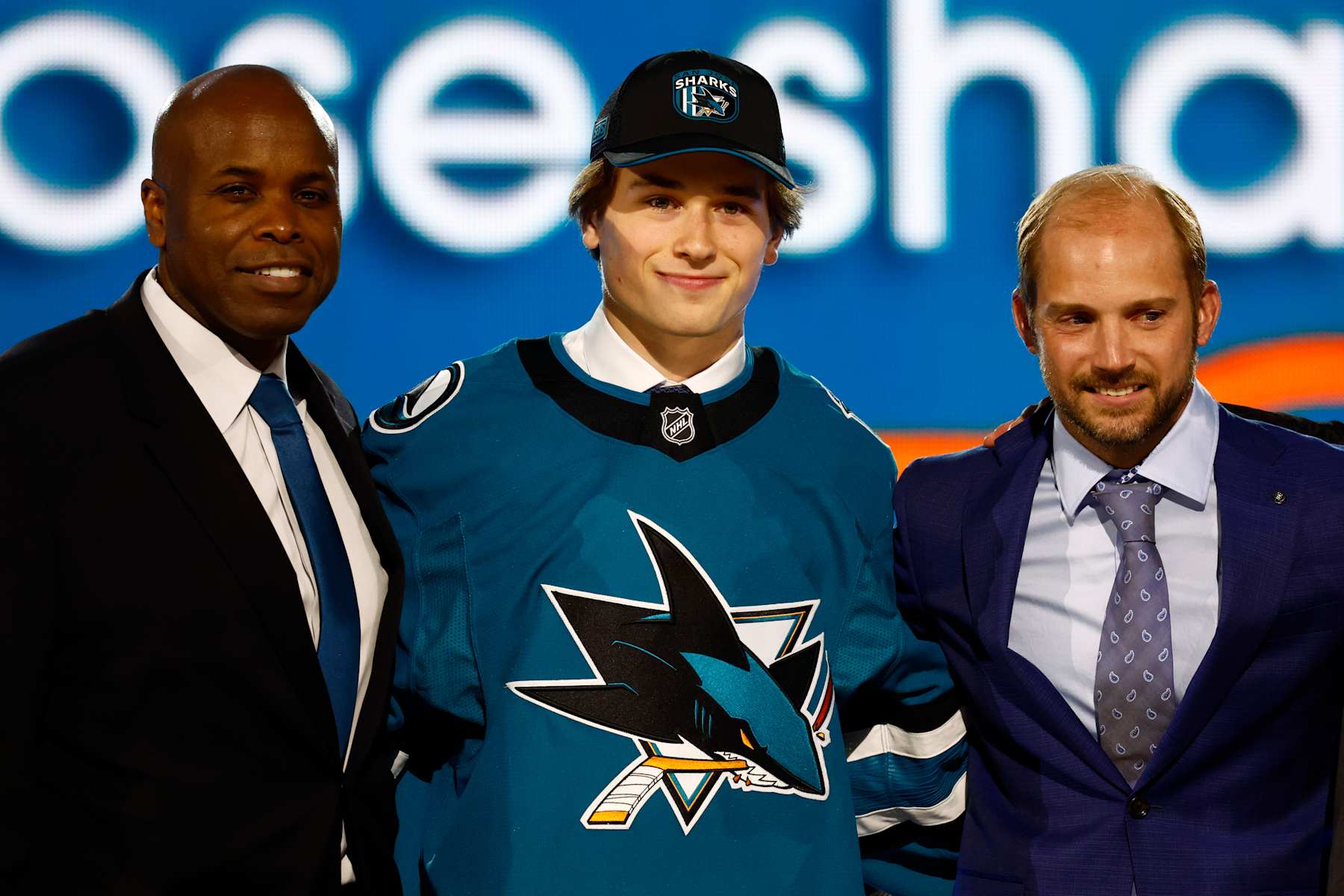 PARADISE, NV - JUNE 28: Macklin Celebrini of Boston University is drafted by the San Jose Sharks in the first round during the NHL Draft on June 28, 2024 at the Sphere in Las Vegas, Nevada. (Photo by Jeff Speer/Icon Sportswire via Getty Images)