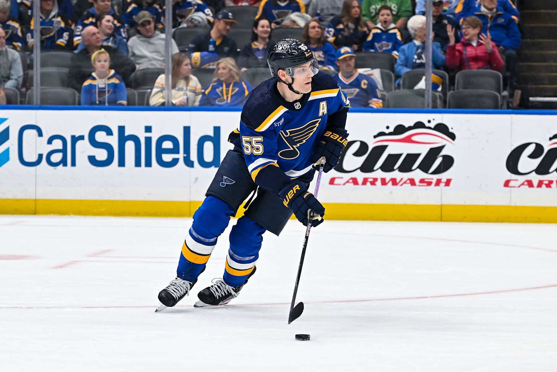 ST. LOUIS, MO - April 12: St. Louis Blues defenseman Colton Parayko (55) turns with the puck in his own zone during a regular season game between the Carolina Hurricanes and the St. Louis Blues on April 12, 2024, at the Enterprise Center in St. Louis MO (Photo by Rick Ulreich/Icon Sportswire via Getty Images)