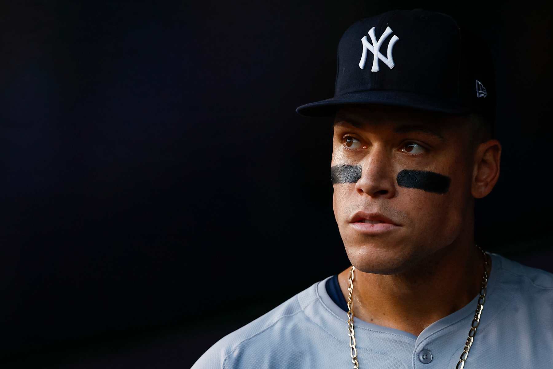 WASHINGTON, DC - AUGUST 27: Aaron Judge #99 of the New York Yankees in the dugout in the second inning during a game against the Washington Nationals at Nationals Park on August 27, 2024 in Washington, DC. (Photo by Brandon Sloter/Image Of Sport/Getty Images)