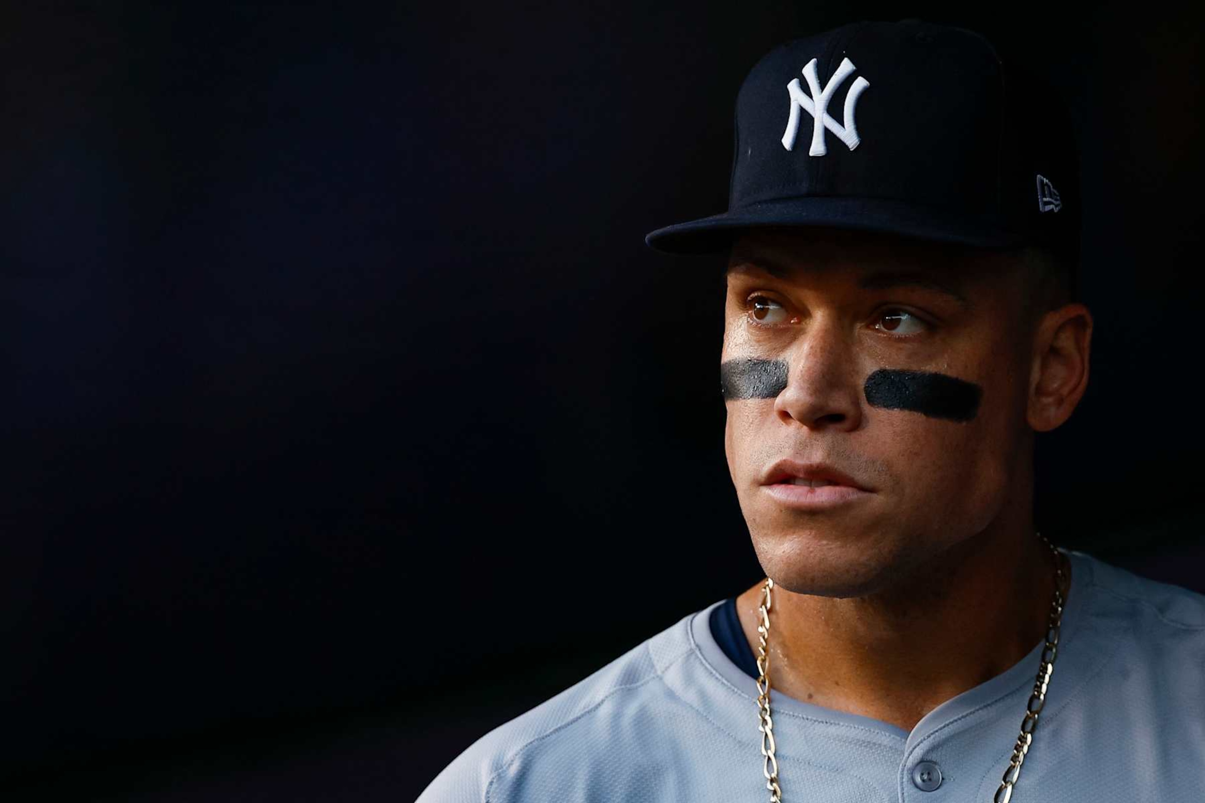 WASHINGTON, DC - AUGUST 27: Aaron Judge #99 of the New York Yankees in the dugout in the second inning during a game against the Washington Nationals at Nationals Park on August 27, 2024 in Washington, DC. (Photo by Brandon Sloter/Image Of Sport/Getty Images) WASHINGTON, DC - AUGUST 27: Aaron Judge #99 of the New York Yankees in the dugout in the second inning during a game against the Washington Nationals at Nationals Park on August 27, 2024 in Washington, DC. (Photo by Brandon Sloter/Image Of Sport/Getty Images)