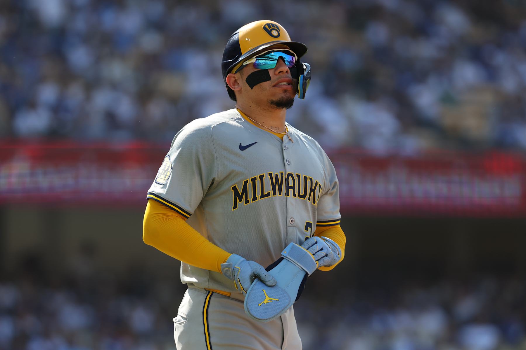 LOS ANGELES, CA - JULY 6:  William Contreras #24 of the Milwaukee Brewers looks on during the game against the Los Angeles Dodgers at Dodger Stadium on July 6, 2024 in Los Angeles, California. The Dodgers defeated the Brewers 5-3. (Photo by Rob Leiter/MLB Photos via Getty Images)