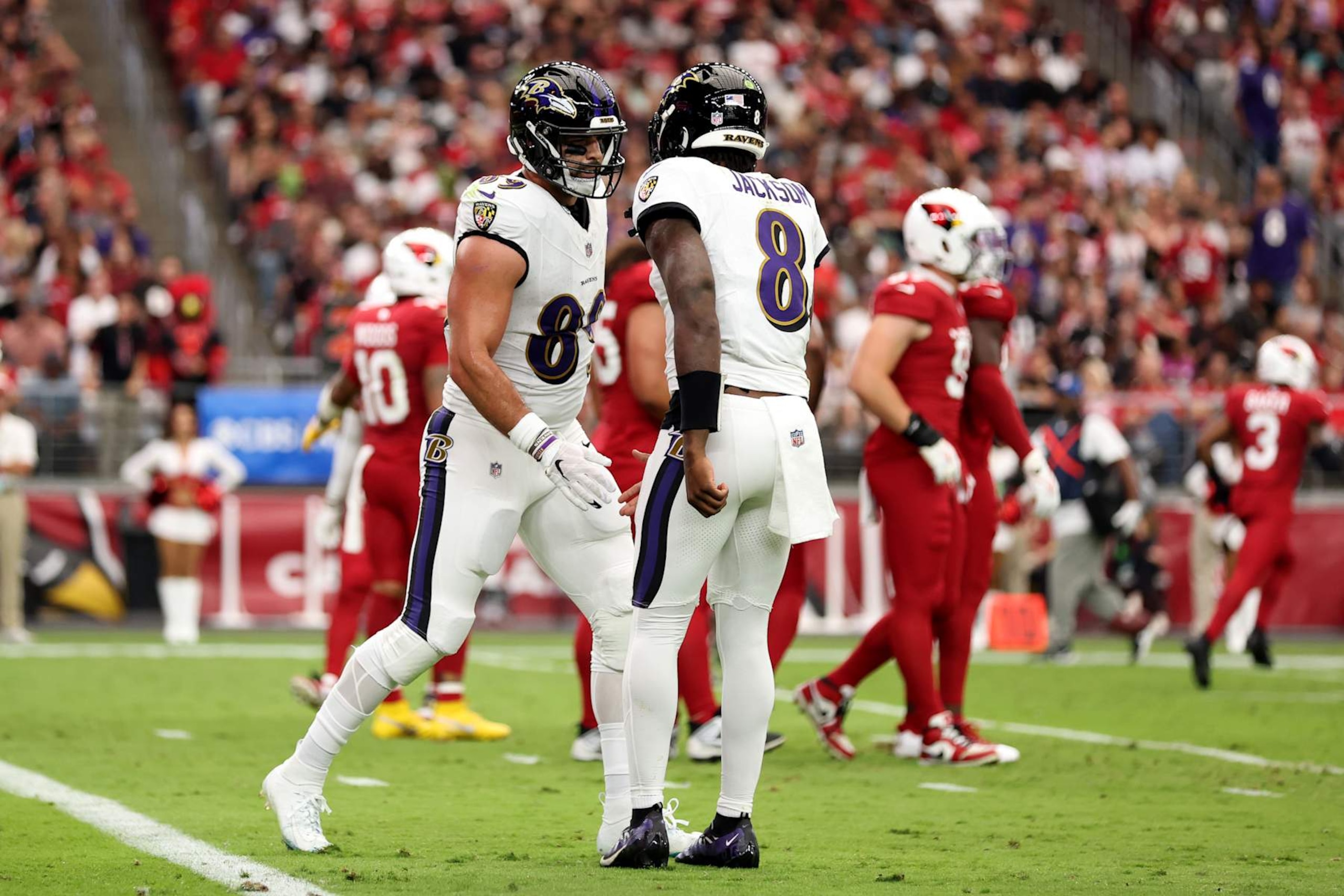 GLENDALE, ARIZONA - OCTOBER 29: Mark Andrews #89 of the Baltimore Ravens celebrates with Lamar Jackson #8 of the Baltimore Ravens after Andrews' receiving touchdown during the first quarter against the Arizona Cardinals at State Farm Stadium on October 29, 2023 in Glendale, Arizona. (Photo by Christian Petersen/Getty Images) GLENDALE, ARIZONA - OCTOBER 29: Mark Andrews #89 of the Baltimore Ravens celebrates with Lamar Jackson #8 of the Baltimore Ravens after Andrews' receiving touchdown during the first quarter against the Arizona Cardinals at State Farm Stadium on October 29, 2023 in Glendale, Arizona. (Photo by Christian Petersen/Getty Images)