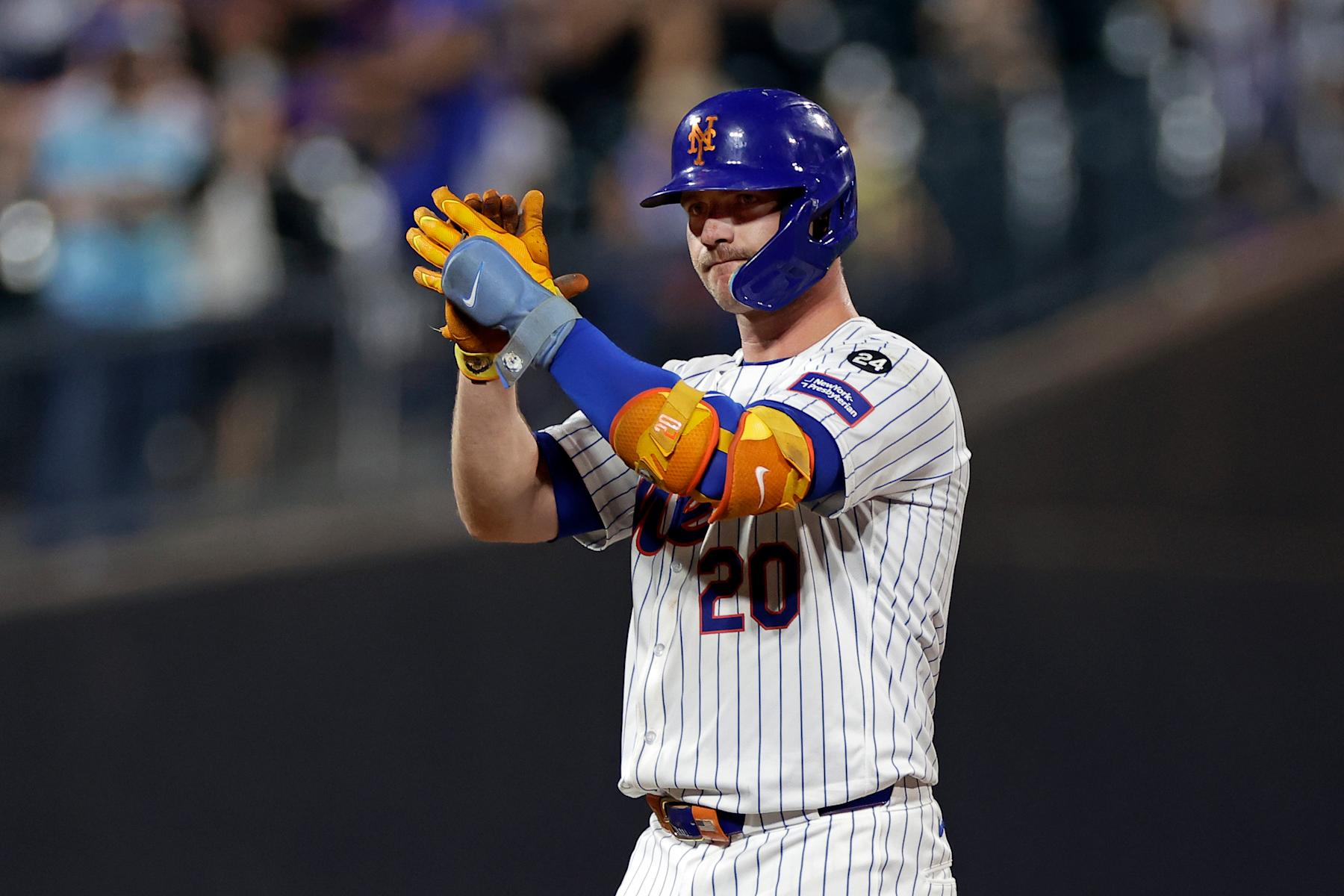 NEW YORK, NY - AUGUST 14: Pete Alonso #20 of the New York Mets reacts after hitting a two-run scoring double during the seventh inning against the Oakland Athletics at Citi Field on August 14, 2024 in New York City. The Mets won 9-1. (Photo by Adam Hunger/Getty Images)