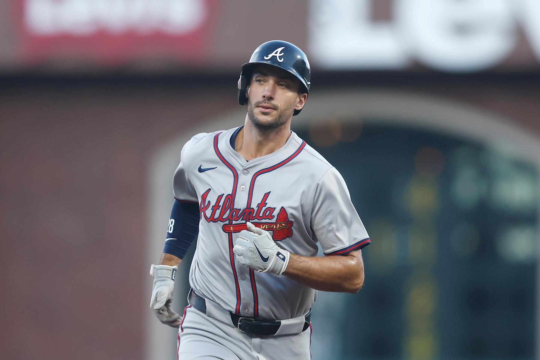 SAN FRANCISCO, CALIFORNIA - AUGUST 14: Matt Olson #28 of the Atlanta Braves rounds the bases after hitting a solo home run in the top of the third inning against the San Francisco Giants at Oracle Park on August 14, 2024 in San Francisco, California. (Photo by Lachlan Cunningham/Getty Images)