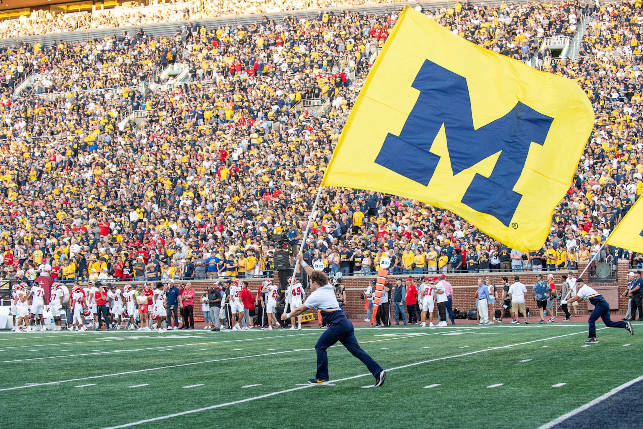 ANN ARBOR, MICHIGAN - AUGUST 31: A general view of a Michigan flag before a college football game between the Michigan Wolverines and the Fresno St. Bulldogs at Michigan Stadium on August 31, 2024 in Ann Arbor, Michigan. (Photo by Aaron J. Thornton/Getty Images)