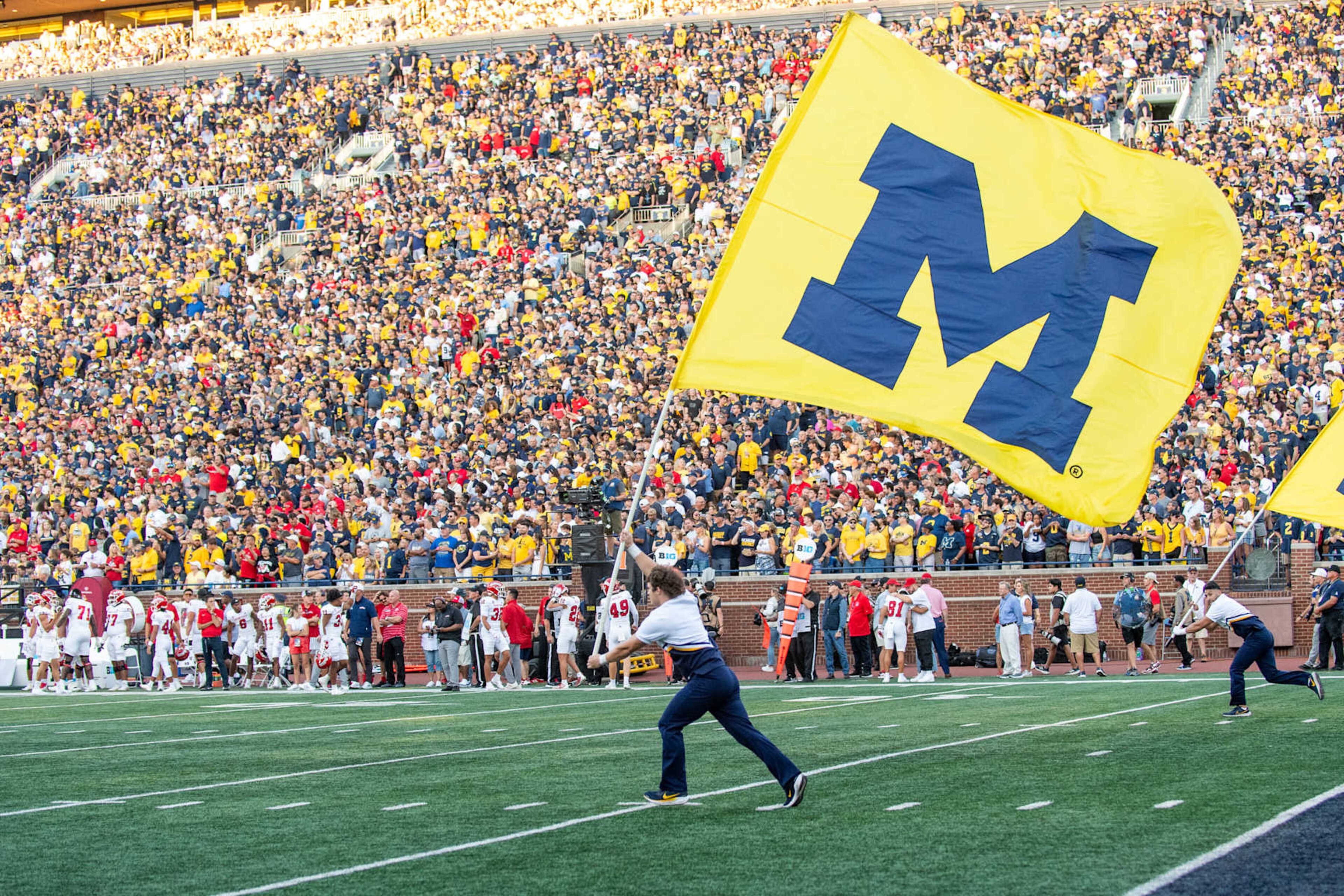 ANN ARBOR, MICHIGAN - AUGUST 31: A general view of a Michigan flag before a college football game between the Michigan Wolverines and the Fresno St. Bulldogs at Michigan Stadium on August 31, 2024 in Ann Arbor, Michigan. (Photo by Aaron J. Thornton/Getty Images)