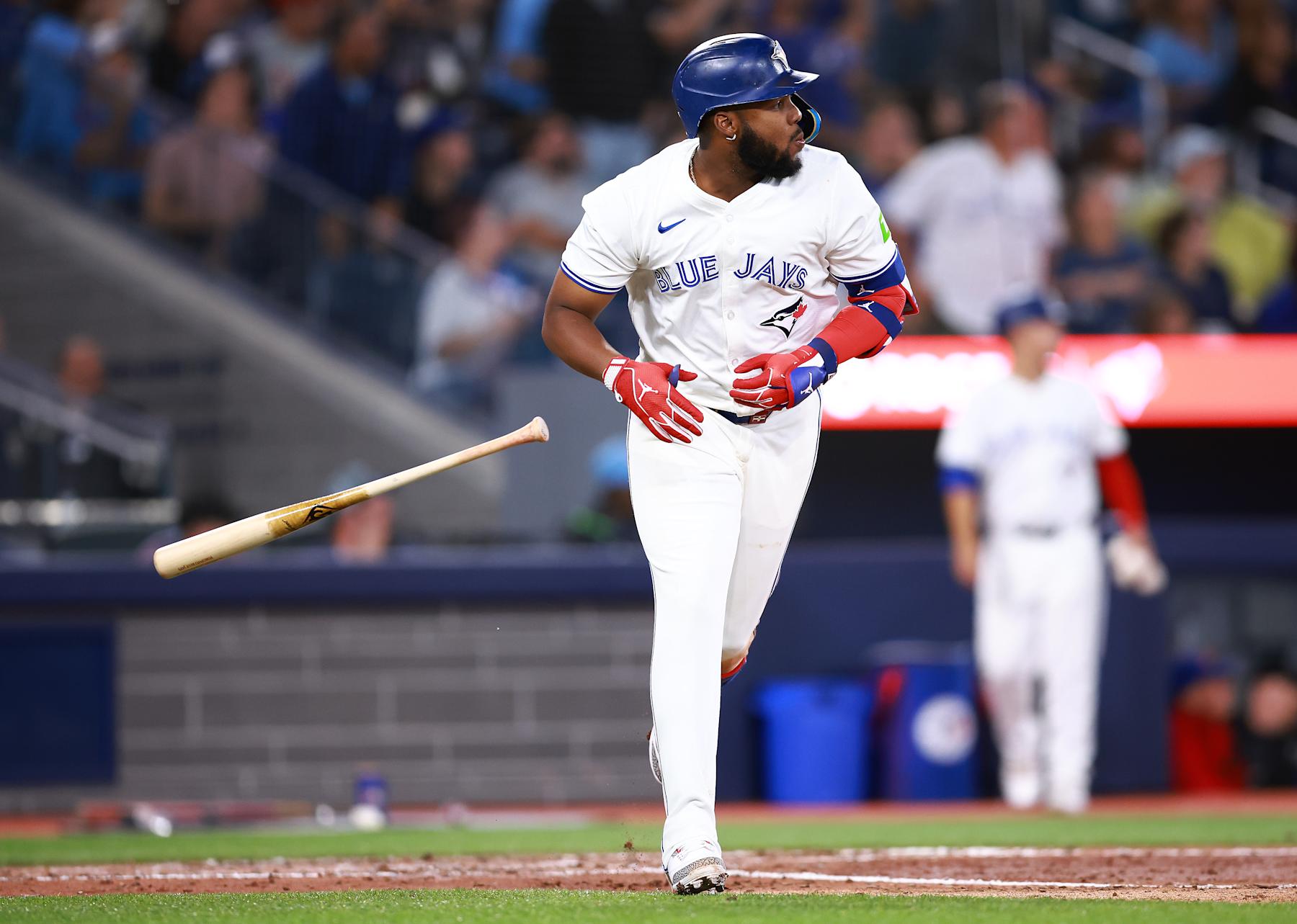 TORONTO, ON - SEPTEMBER 03:  Vladimir Guerrero Jr. #27 of the Toronto Blue Jays hits a 2 run home run in the sixth inning during a game against the Philadelphia Phillies at Rogers Centre on September 03, 2024 in Toronto, Ontario, Canada.  (Photo by Vaughn Ridley/Getty Images)