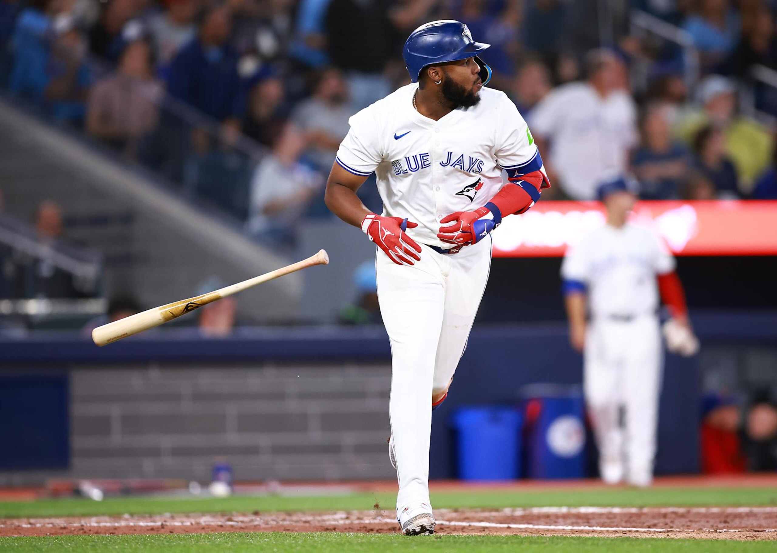 TORONTO, ON - SEPTEMBER 03:  Vladimir Guerrero Jr. #27 of the Toronto Blue Jays hits a 2 run home run in the sixth inning during a game against the Philadelphia Phillies at Rogers Centre on September 03, 2024 in Toronto, Ontario, Canada.  (Photo by Vaughn Ridley/Getty Images)