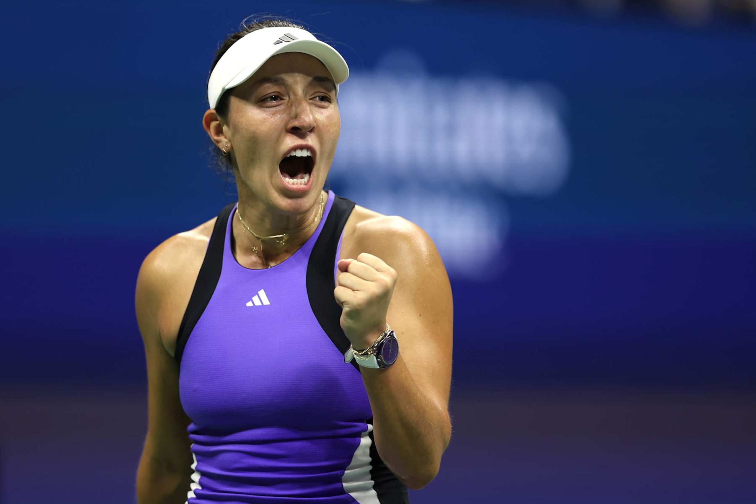 NEW YORK, NEW YORK - SEPTEMBER 05: Jessica Pegula of the United States reacts against Karolina Muchova of the Czech Republic during their Women's Singles Semifinal match on Day Eleven of the 2024 US Open at USTA Billie Jean King National Tennis Center on September 05, 2024 in the Flushing neighborhood of the Queens borough of New York City. (Photo by Luke Hales/Getty Images)