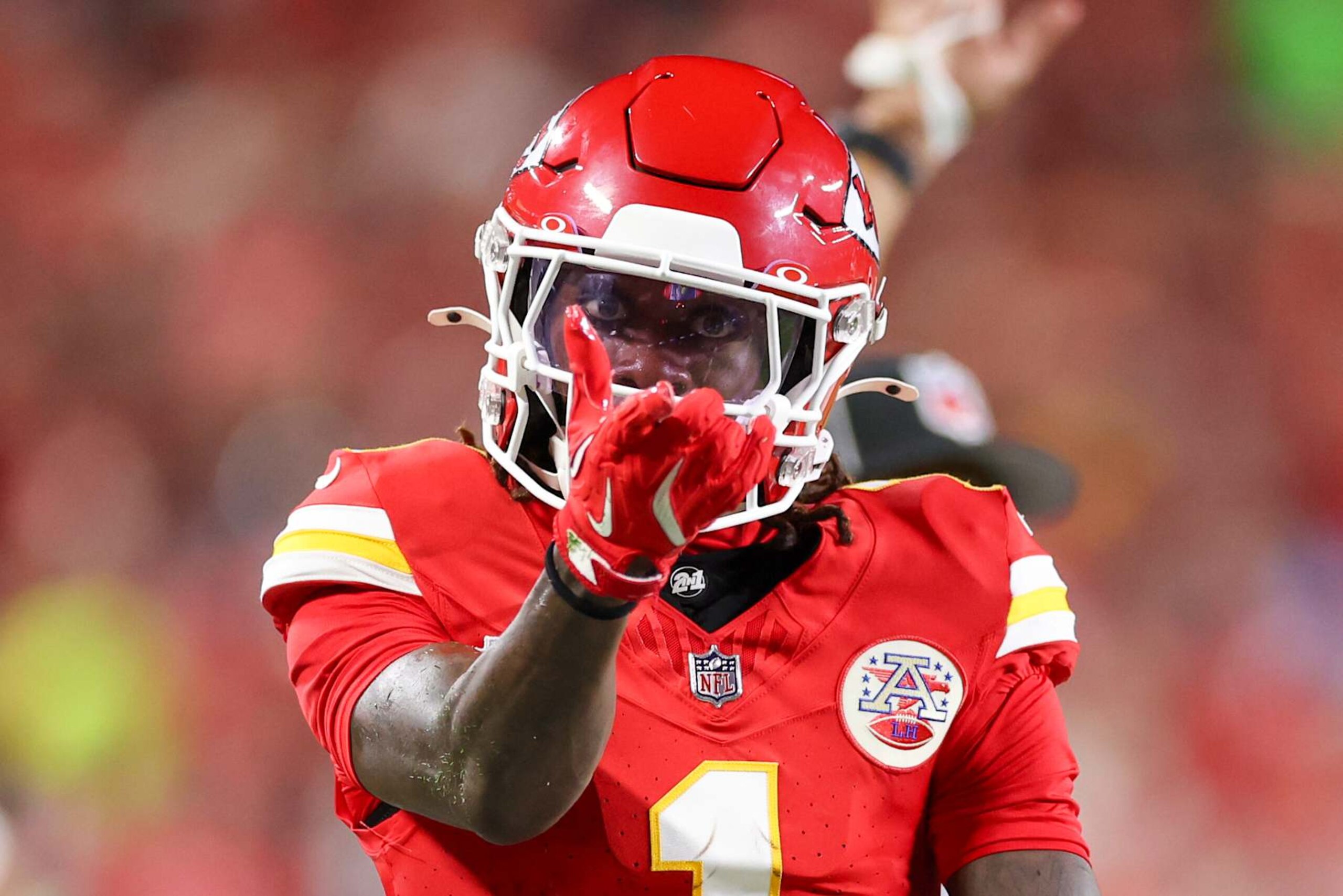 KANSAS CITY, MISSOURI - SEPTEMBER 05: Xavier Worthy #1 of the Kansas City Chiefs reacts after making a first-down reception against the Baltimore Ravens during the second quarter at GEHA Field at Arrowhead Stadium on September 05, 2024 in Kansas City, Missouri. (Photo by Christian Petersen/Getty Images)