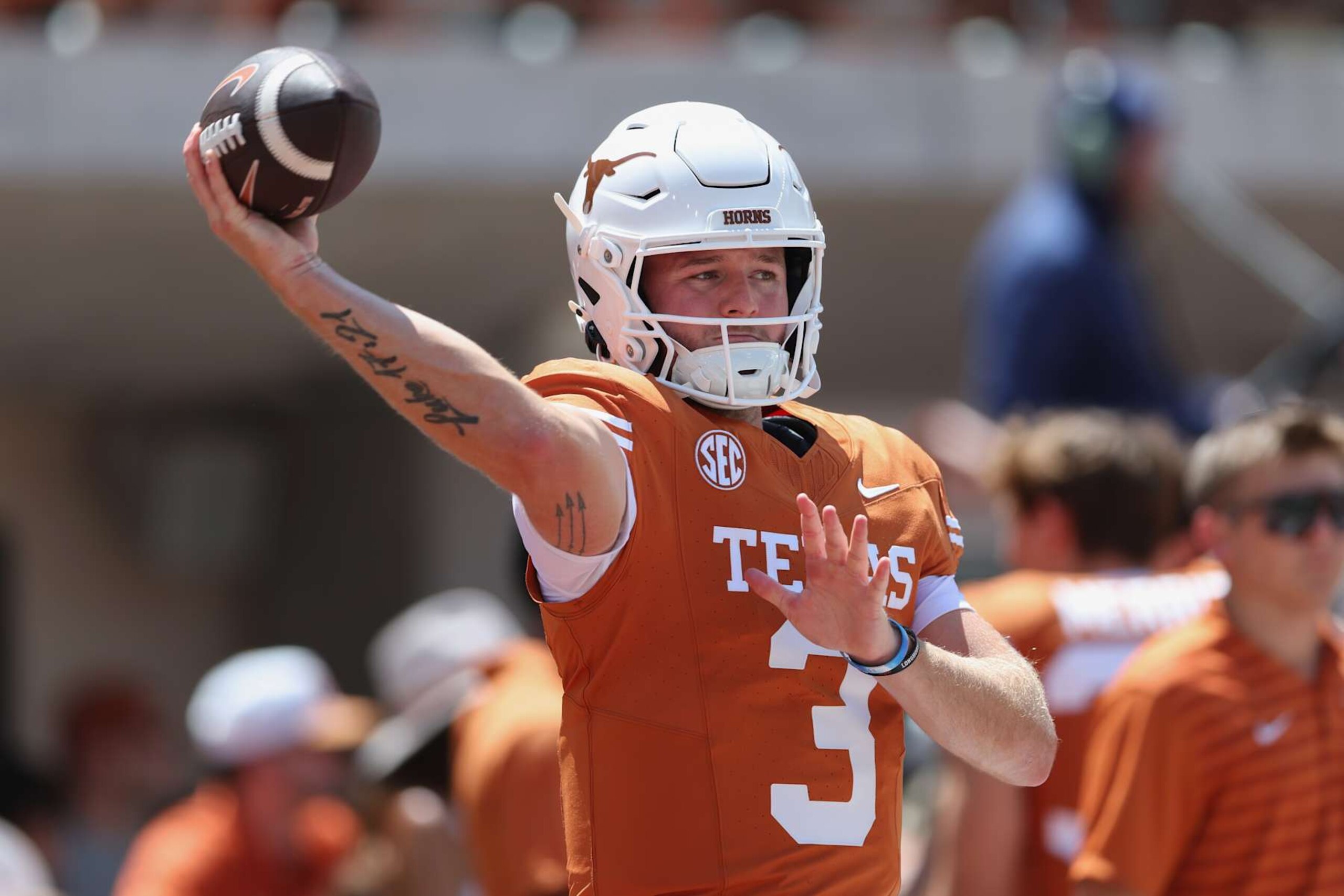 AUSTIN, TEXAS - AUGUST 31: Quinn Ewers #3 of the Texas Longhorns throws a pass before the game against the Colorado State Rams at Darrell K Royal-Texas Memorial Stadium on August 31, 2024 in Austin, Texas. (Photo by Tim Warner/Getty Images)