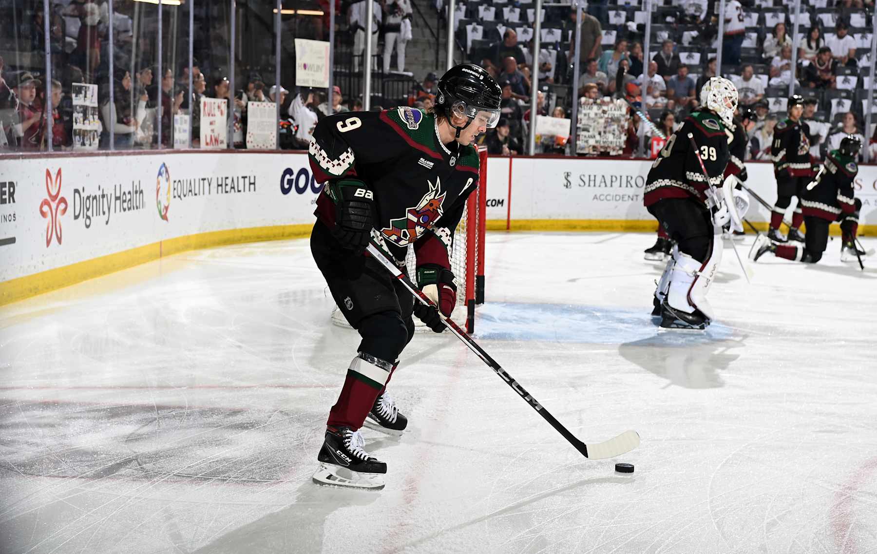 TEMPE, ARIZONA - APRIL 17: Clayton Keller #9 of the Arizona Coyotes prepares for a game against the Edmonton Oilers at Mullett Arena on April 17, 2024 in Tempe, Arizona. (Photo by Norm Hall/NHLI via Getty Images)