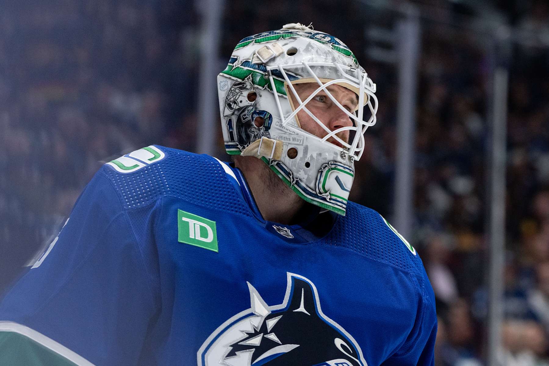 VANCOUVER, BC - APRIL 21: Vancouver Canucks goaltender Thatcher Demko (35) waits for a face off during Game One of the First Round of the 2024 Stanley Cup playoffs between the Nashville Predators and the Vancouver Canucks on April 21, 2024, at Rogers Arena in Vancouver, B.C. (Photo by Ethan Cairns/Icon Sportswire via Getty Images)