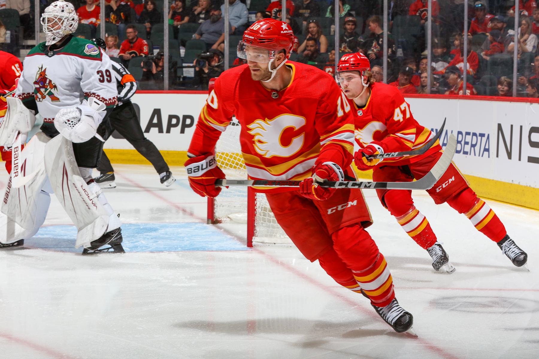 CALGARY, ALBERTA - APRIL 14: Jonathan Huber of the Calgary Flames skates against the Arizona Coyotes at the Scotiabank Saddledome on April 14, 2024 in Calgary, Alberta. (Photo by Gerry Thomas/NHLI via Getty Images)