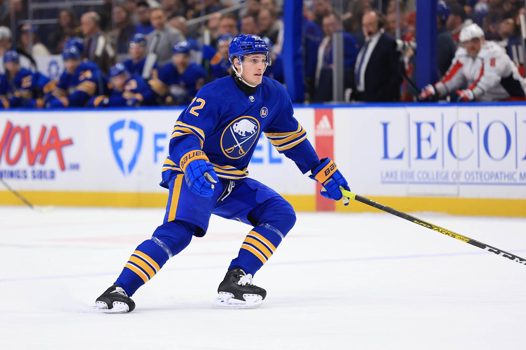 BUFFALO, NEW YORK - APRIL 11: Tage Thompson #72 of the Buffalo Sabres skates during an NHL game against the Washington Capitals on April 11, 2024 at KeyBank Center in Buffalo, New York. (Photo by Bill Wippert/NHLI via Getty Images)