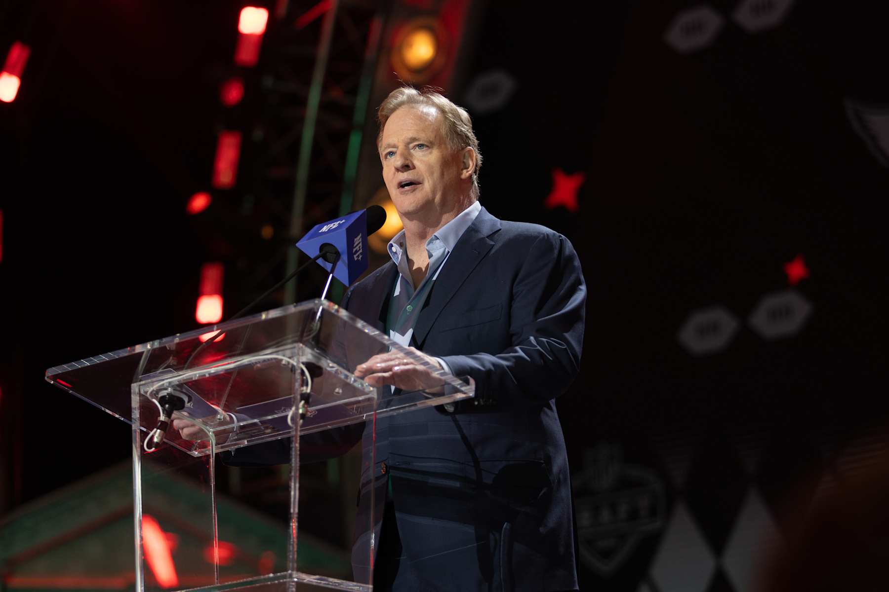 DETROIT, MI - APRIL 25: NFL Commissioner Roger Goodell announcers the 4th overall pick during day 1 of the NFL Draft on April 25, 2024 at Fox Theatre in Detroit, MI. (Photo by John Smolek/Icon Sportswire via Getty Images)