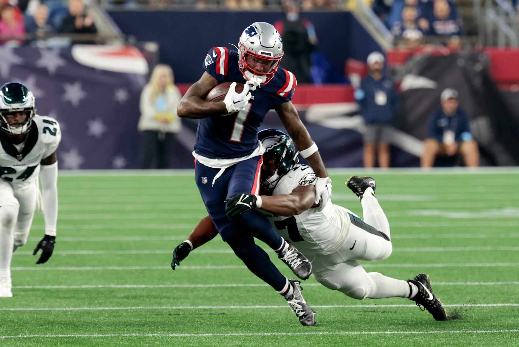 FOXBOROUGH, MA - AUGUST 15: New England Patriots wide receiver Ja'Lynn Polk (1) caught after a gain during a preseason game between the New England Patriots and the Philadelphia Eagles on August 15, 2024, at Gillette Stadium in Foxborough, Massachusetts. (Photo by Fred Kfoury III/Icon Sportswire via Getty Images)