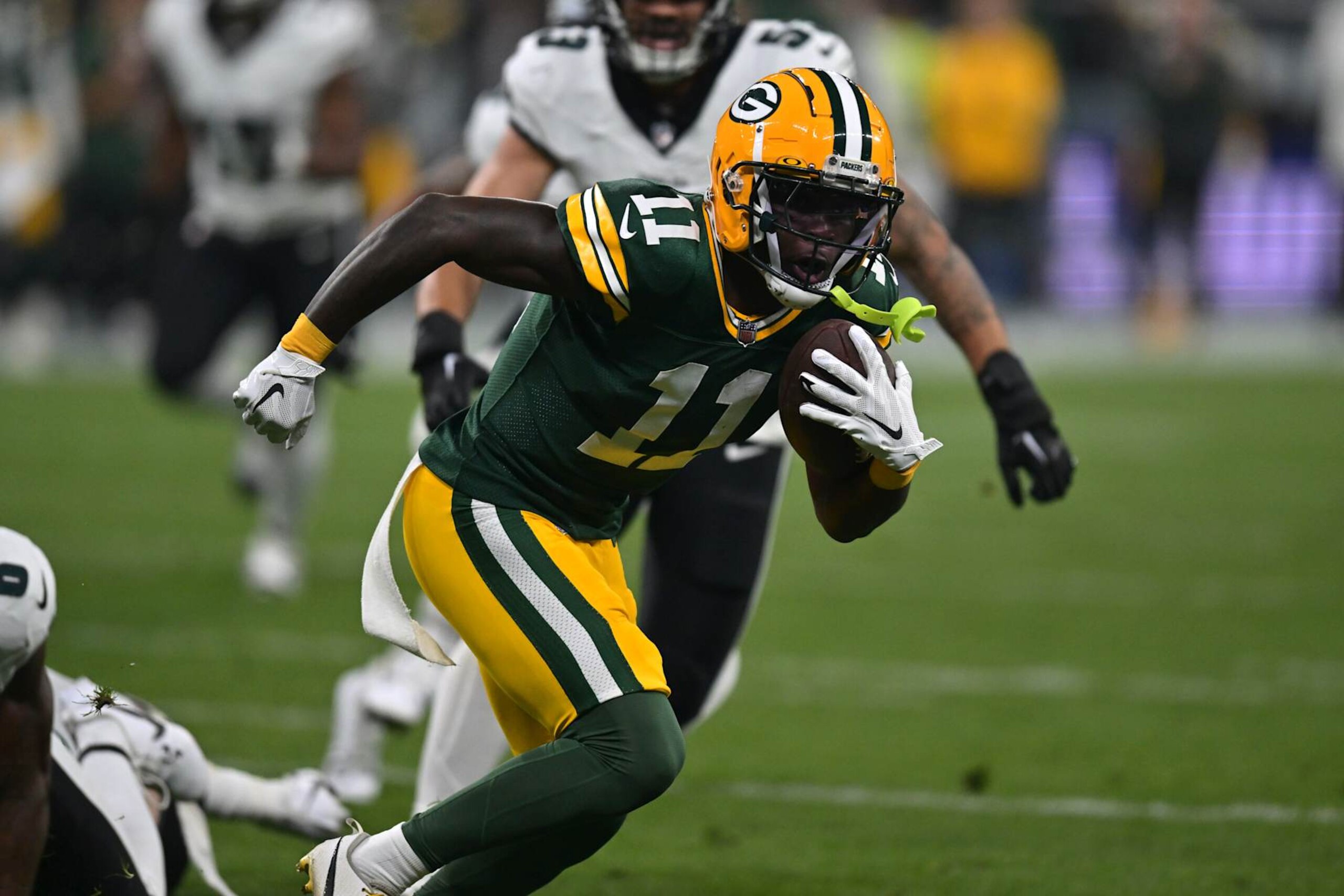 SAO PAULO, BRAZIL - SEPTEMBER 06: Jayden Reed #11 of the Green Bay Packers runs after a catch during the first quarter against the Philadelphia Eagles at Arena Corinthians on September 06, 2024 in Sao Paulo, Brazil. (Photo by Pedro Vilela/Pedro Vilela)