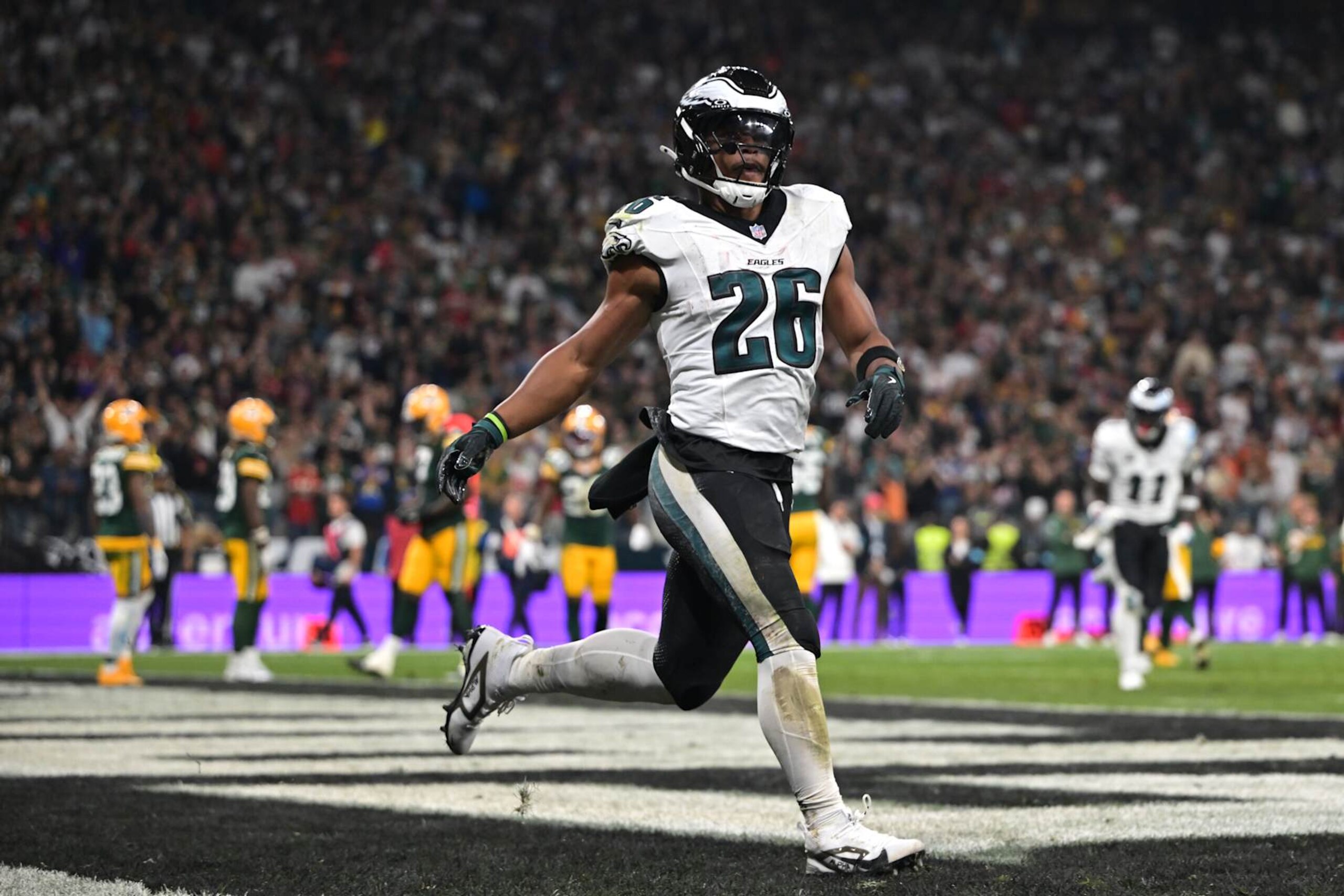 SAO PAULO, BRAZIL - SEPTEMBER 06: Saquon Barkley #26 of the Philadelphia Eagles celebrates after a touchdown during the second quarter against the Green Bay Packers at Arena Corinthians on September 06, 2024 in Sao Paulo, Brazil. (Photo by Pedro Vilela/Getty Images) SAO PAULO, BRAZIL - SEPTEMBER 06: Saquon Barkley #26 of the Philadelphia Eagles celebrates after a touchdown during the second quarter against the Green Bay Packers at Arena Corinthians on September 06, 2024 in Sao Paulo, Brazil. (Photo by Pedro Vilela/Getty Images)