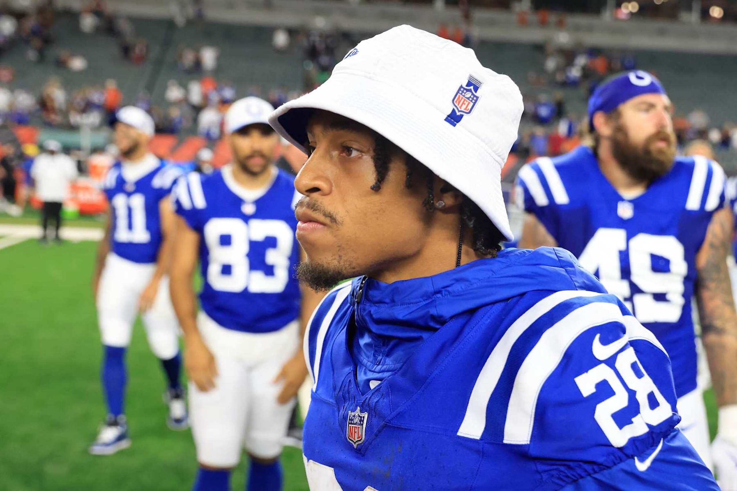 CINCINNATI, OHIO - AUGUST 22:  Jonathan Taylor #28 of the Indianapolis Colts walks on the field after the preseason game against the Cincinnati Bengals at Paycor Stadium on August 22, 2024 in Cincinnati, Ohio. (Photo by Justin Casterline/Getty Images)