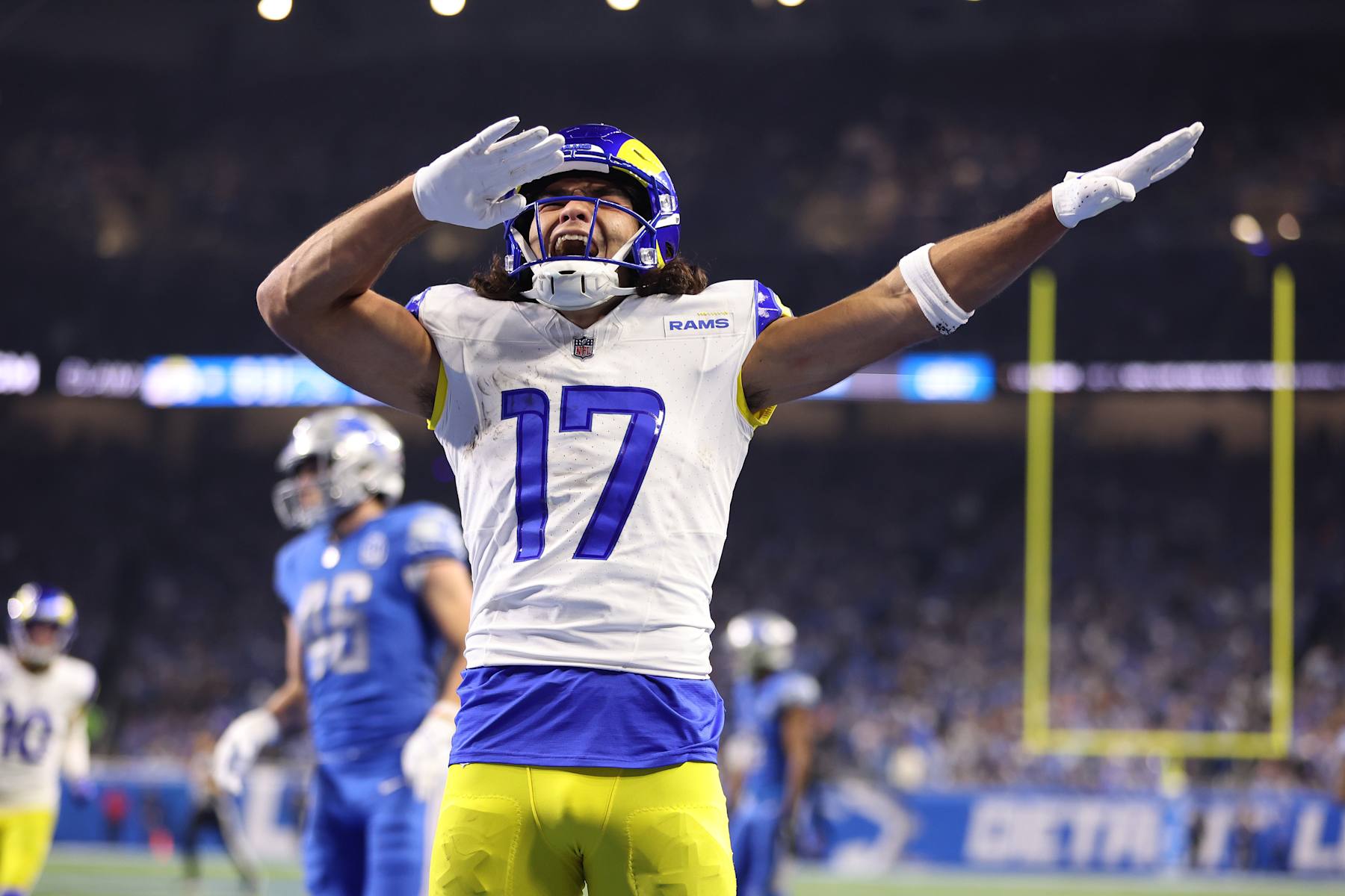 DETROIT, MICHIGAN - JANUARY 14: Puka Nacua #17 of the Los Angeles Rams reacts to a touchdown while playing the Detroit Lions during a NFC Wild Card Playoff game at Ford Field on January 14, 2024 in Detroit, Michigan. (Photo by Gregory Shamus/Getty Images)