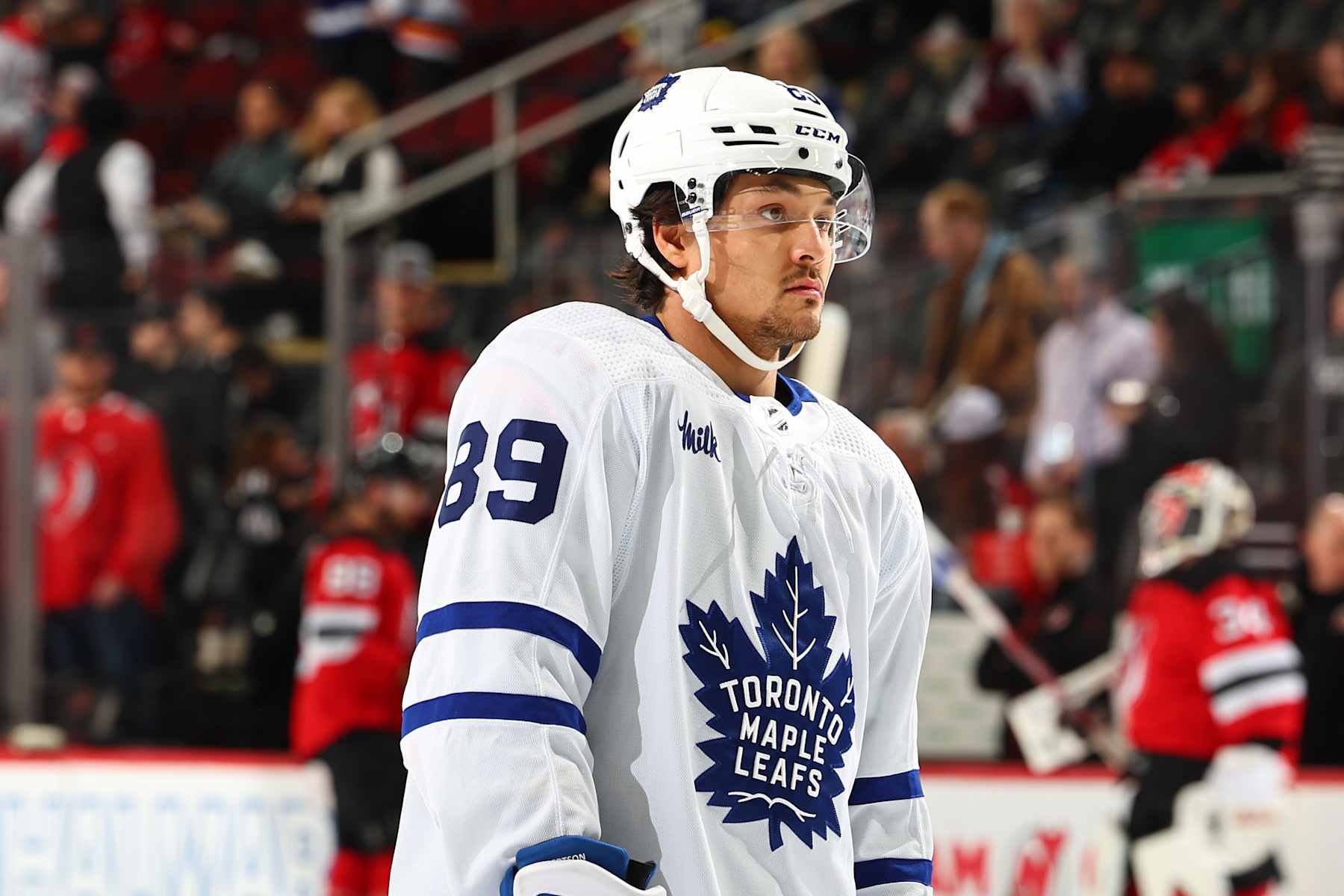 NEWARK, NJ - APRIL 09: Nicholas Robertson #89 of the Toronto Maple Leafs skates during warm up prior to the game against the New Jersey Devils at the Prudential Center on April 9, 2024 in Newark, New Jersey.  (Photo by Rich Graessle/NHLI via Getty Images)