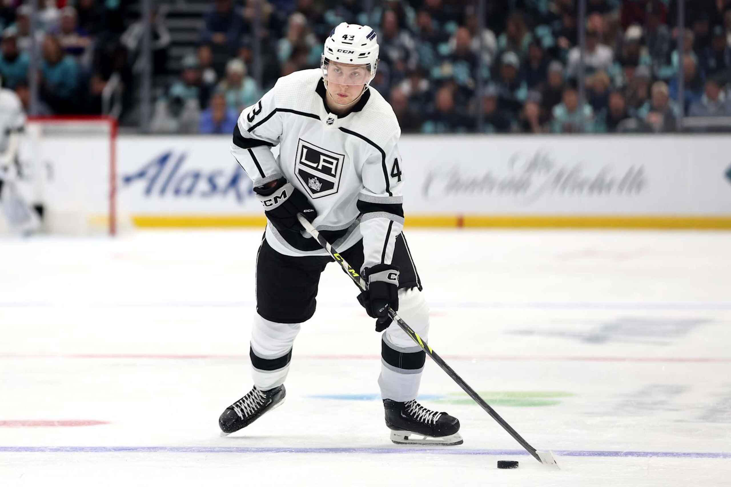 SEATTLE, WASHINGTON - DECEMBER 16: Arthur Kaliyev #34 of the Los Angeles Kings skates against the Seattle Kraken during the third period at Climate Pledge Arena on December 16, 2023 in Seattle, Washington. (Photo by Steph Chambers/Getty Images) SEATTLE, WASHINGTON - DECEMBER 16: Arthur Kaliyev #34 of the Los Angeles Kings skates against the Seattle Kraken during the third period at Climate Pledge Arena on December 16, 2023 in Seattle, Washington. (Photo by Steph Chambers/Getty Images)